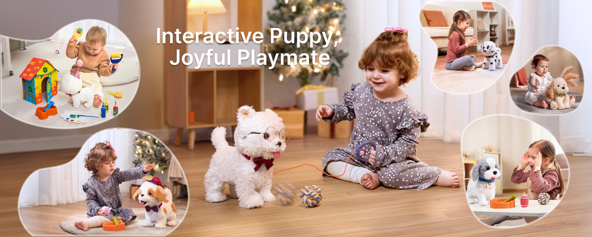 Children playing with interactive puppy toys, including realistic robotic dog plush and electronic pet stuffed animals, with accessories like grooming tools, food bowls, and balls—perfect gift for kids.