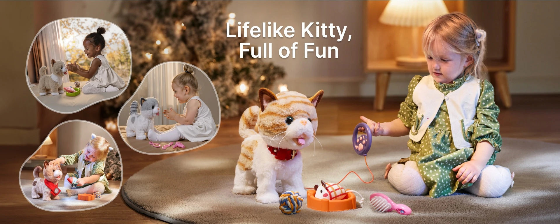 Girl playing with a realistic interactive cat plush toy, featuring lifelike movement and accessories such as a toy mouse, brush, and food bowl, designed as a robotic pet and stuffed animal gift for kids.