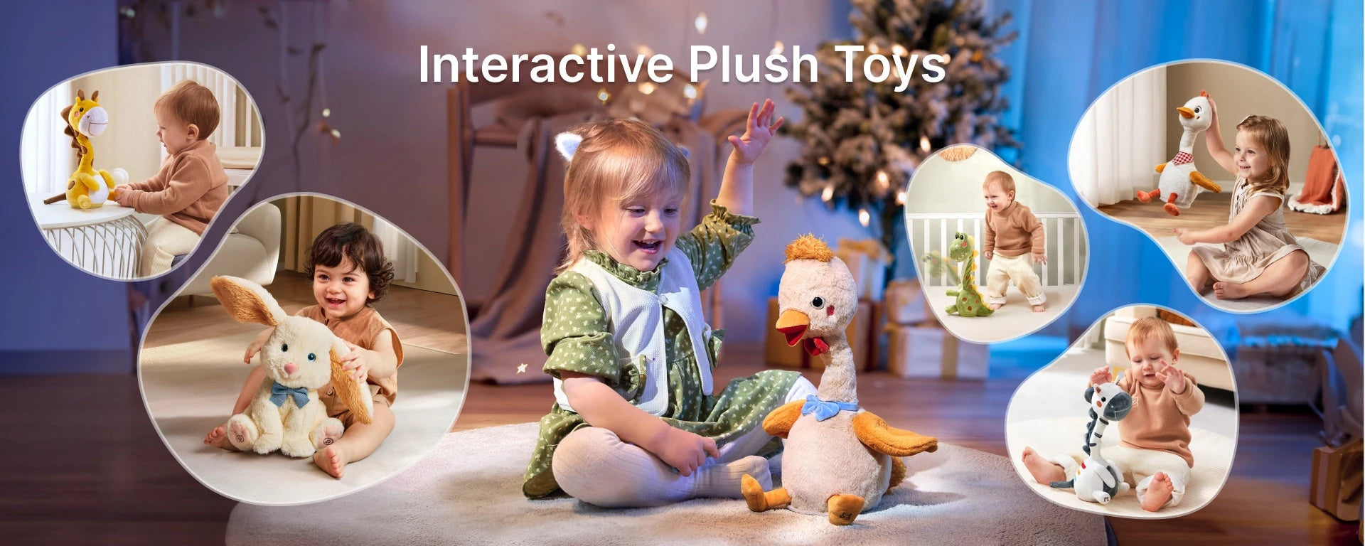 Children playing with interactive plush toys, including talking stuffed animals like a duck, bunny, giraffe, and zebra, designed as educational and soft toys for toddlers and babies.