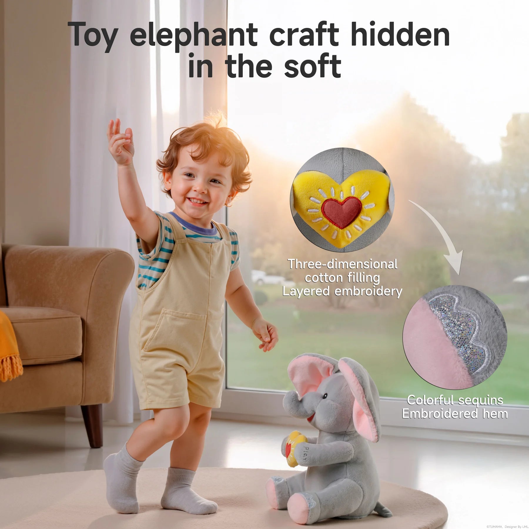 A cheerful toddler standing and waving beside a seated interactive elephant plush toy. The toy features soft pink ears and a yellow heart with embroidery on its chest. Inset close-ups highlight product craftsmanship: 'Three-dimensional cotton filling, layered embroidery' and 'Colorful sequins, embroidered hem'. Text above reads: 'Toy elephant craft hidden in the soft'.