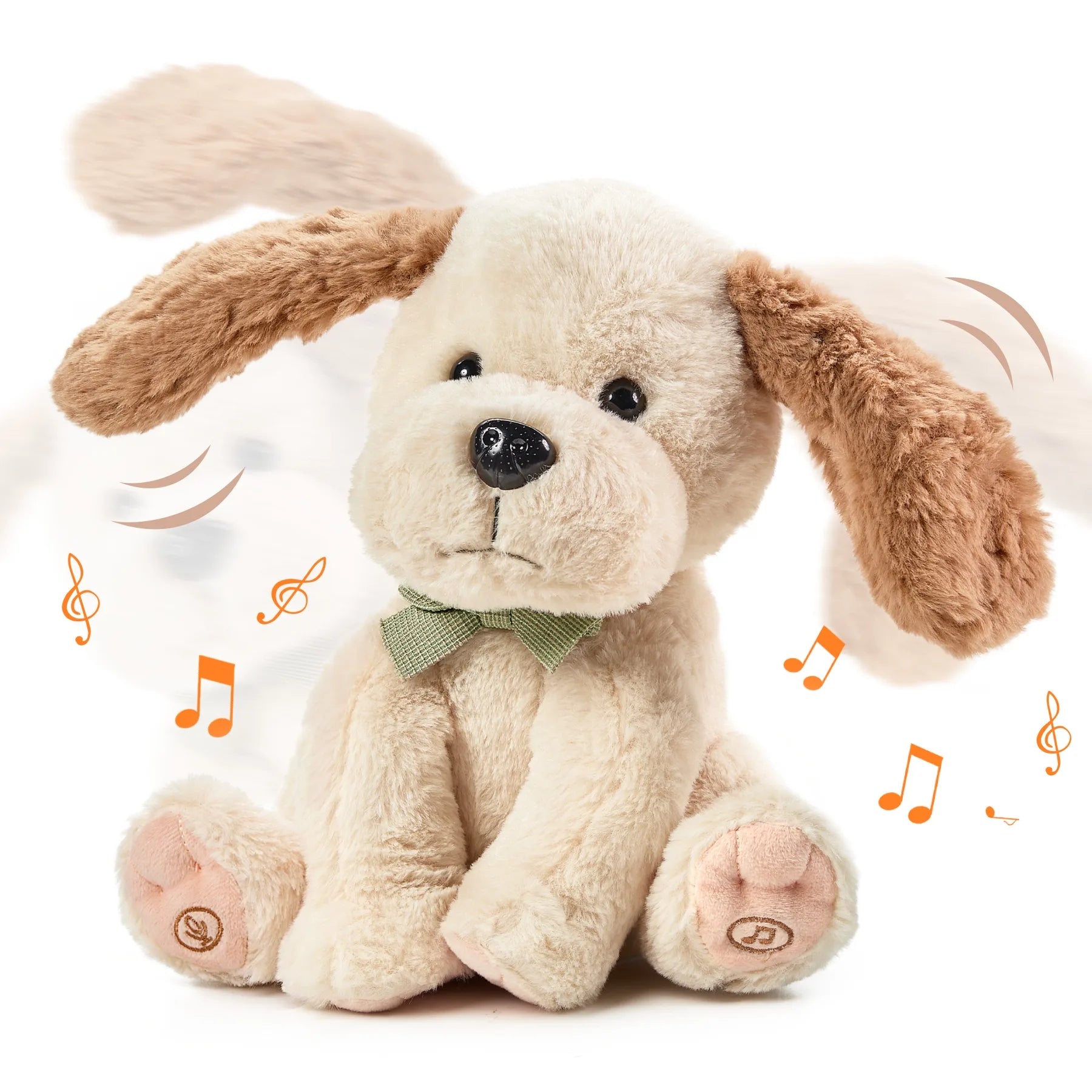 A soft and cuddly interactive plush puppy with flapping ears, Singing, and a green bowtie, showcasing its sound and movement features.