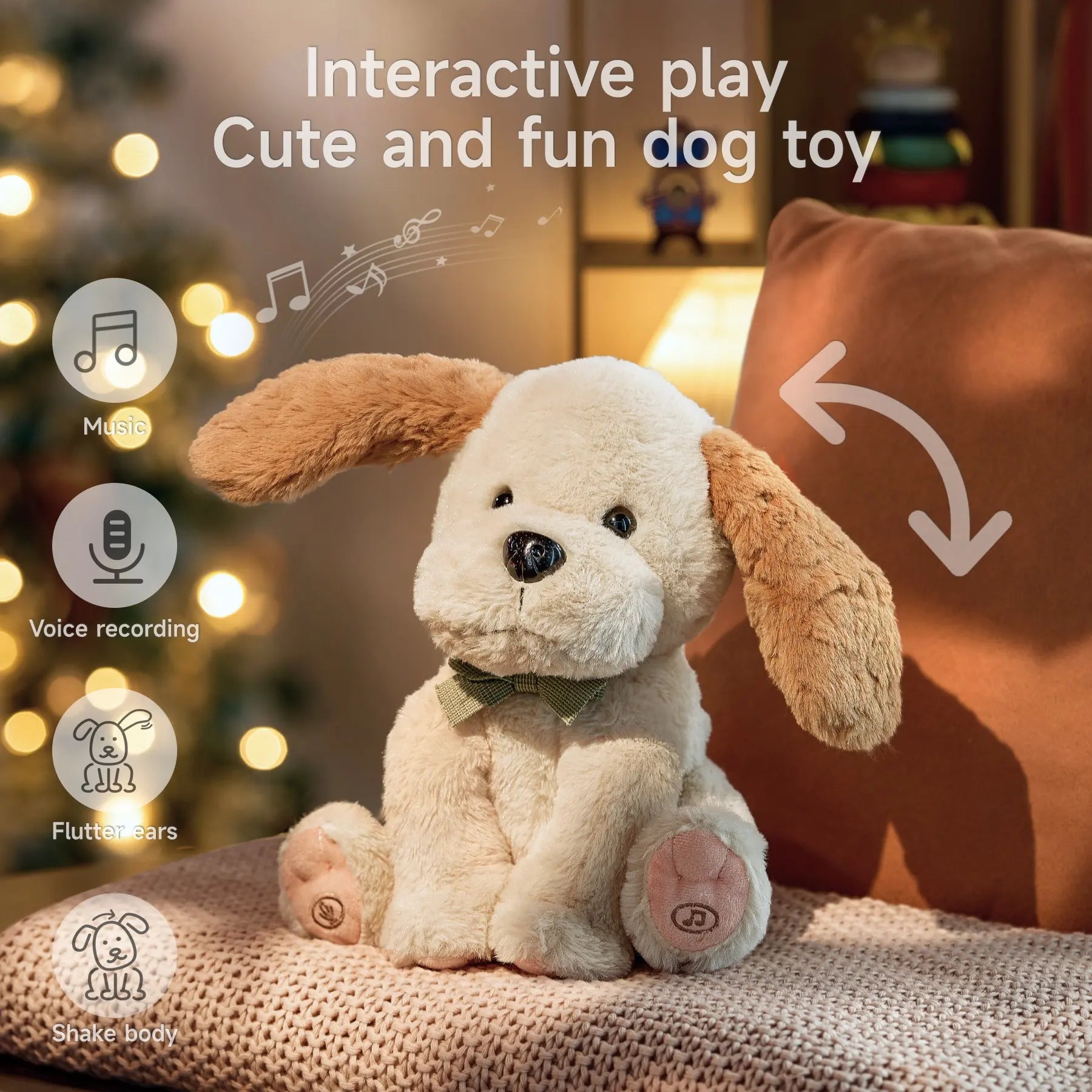 Interactive plush dog toy on a cozy blanket, showcasing its features: music, voice recording, fluttering ears, and body-shaking movements.