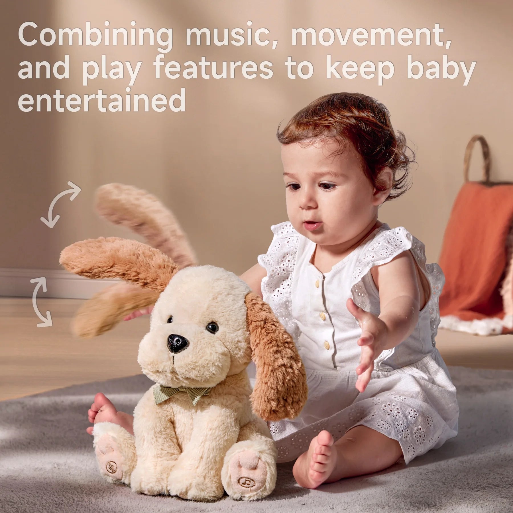 A baby playing with an interactive plush puppy that flaps its ears while playing music, showcasing its fun and engaging features for infants.