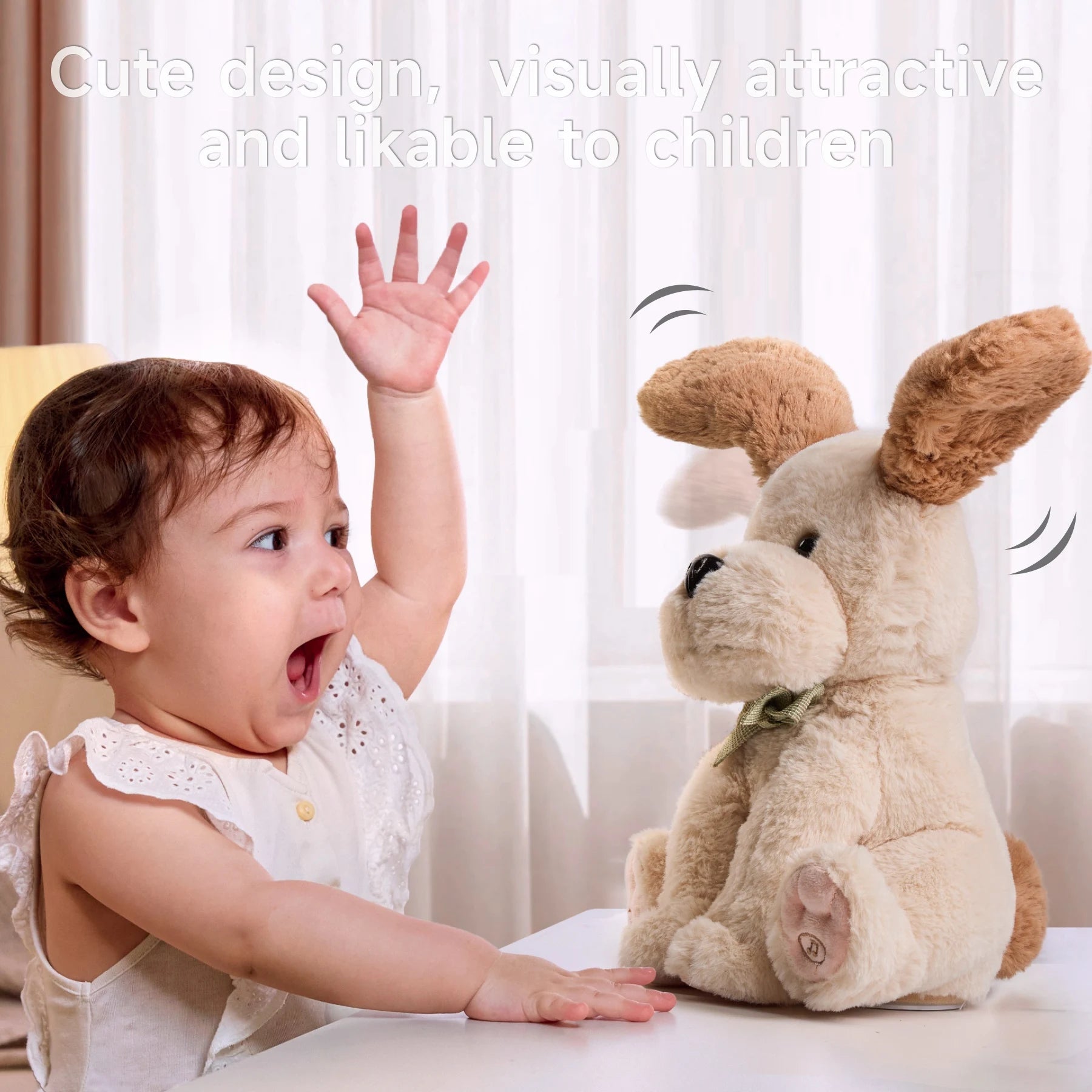 A baby excitedly interacting with a plush puppy toy that flaps its ears, showcasing its adorable and playful design that appeals to children.
