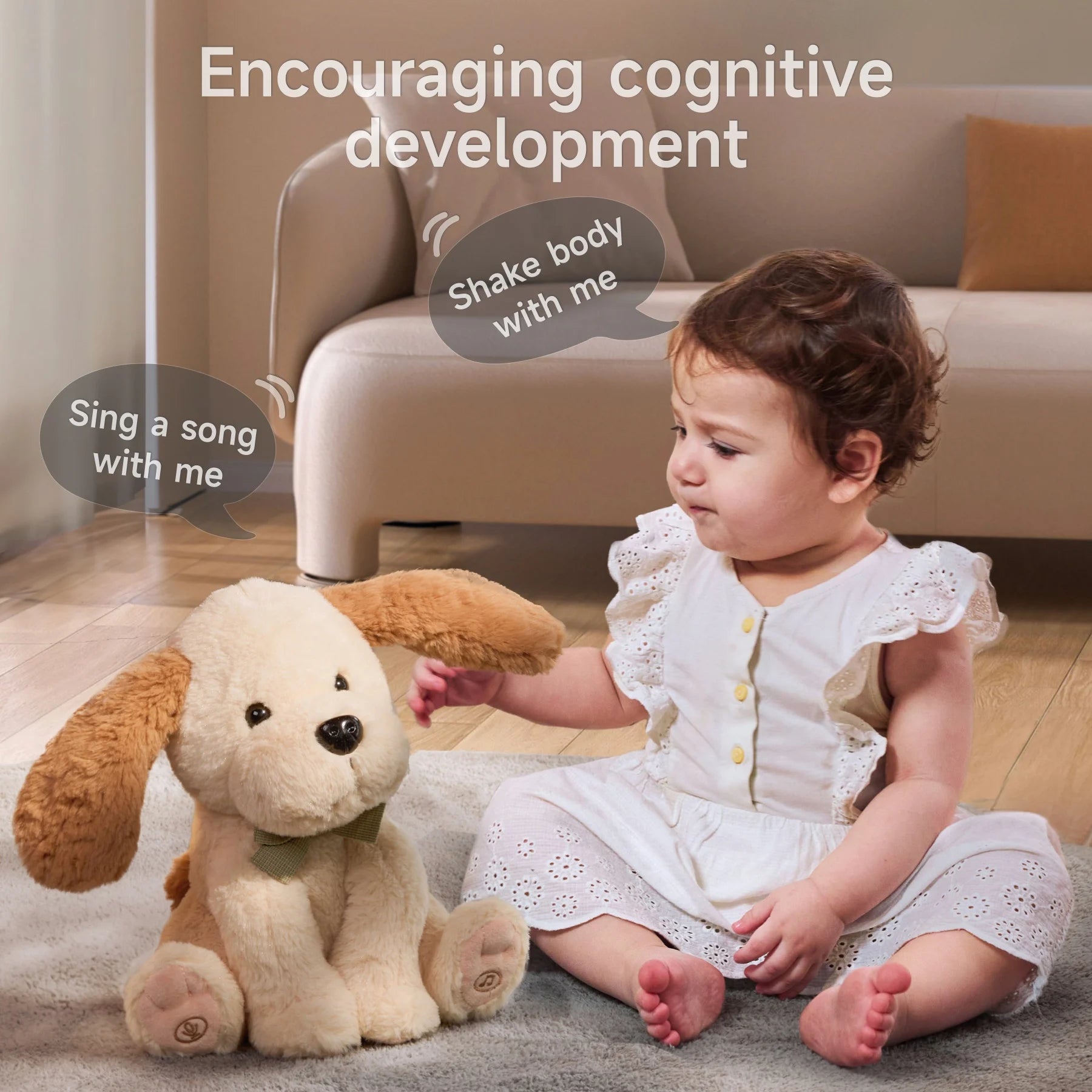 A baby playing with an interactive plush puppy that encourages cognitive development through singing and body-shaking features, promoting sensory engagement.