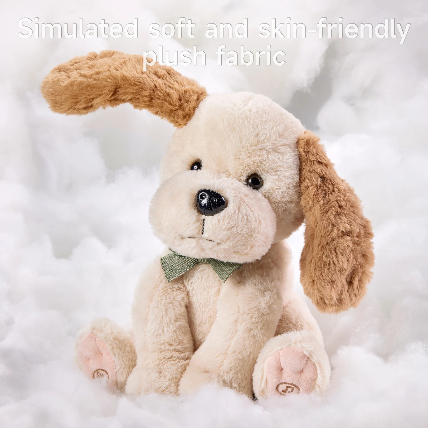 A plush puppy toy with floppy ears, made from soft, skin-friendly fabric, surrounded by a cloud-like background to emphasize its comforting feel.
