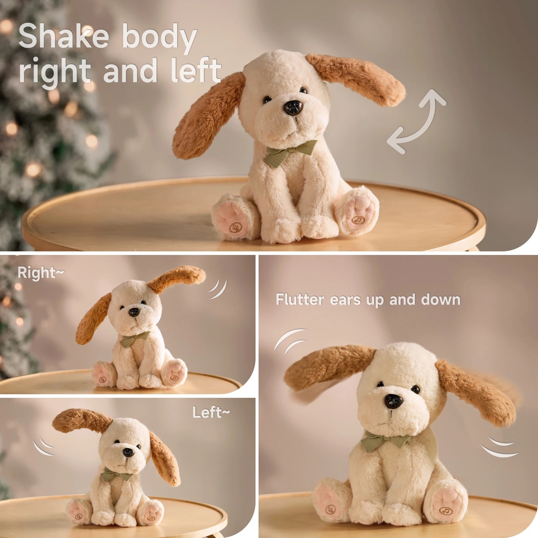 Interactive plush puppy toy on a wooden table, demonstrating body movements side-to-side and ear fluttering. The toy features soft brown and white fur with a green bowtie, making it an ideal gift for children.