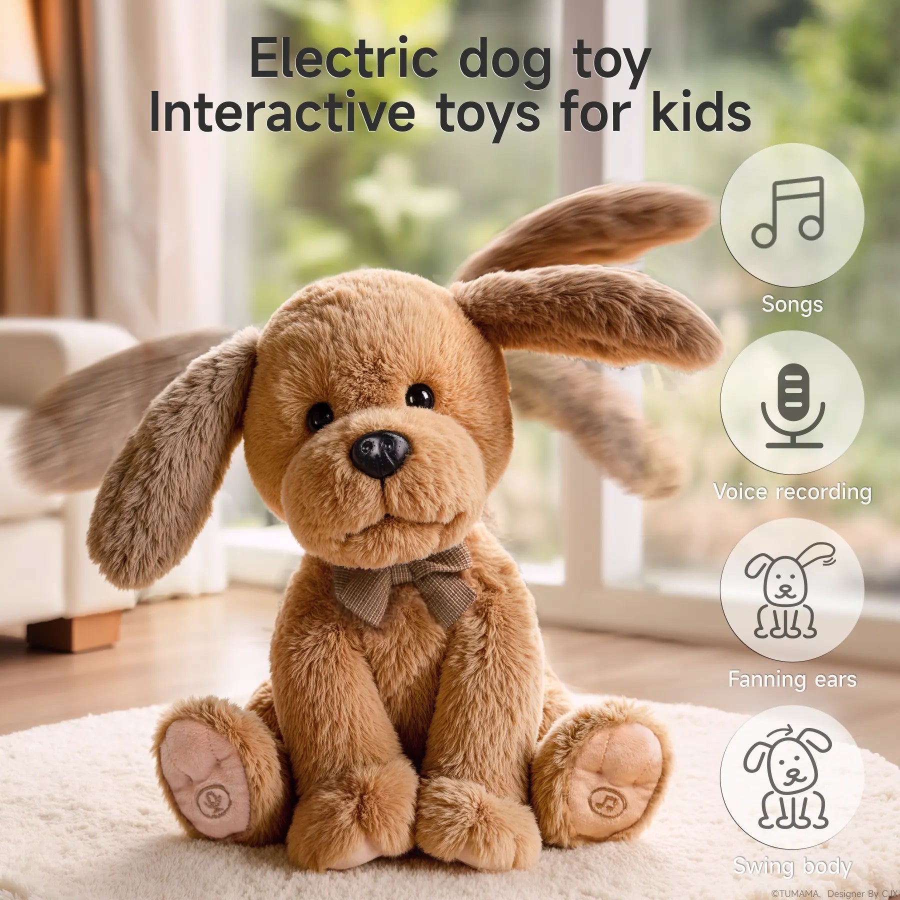 A fluffy brown interactive singing and talking puppy stuffed animal toy sits on a carpet in a bright living room. The toy has long floppy ears, a bow tie, and a cute face. The image features text that says