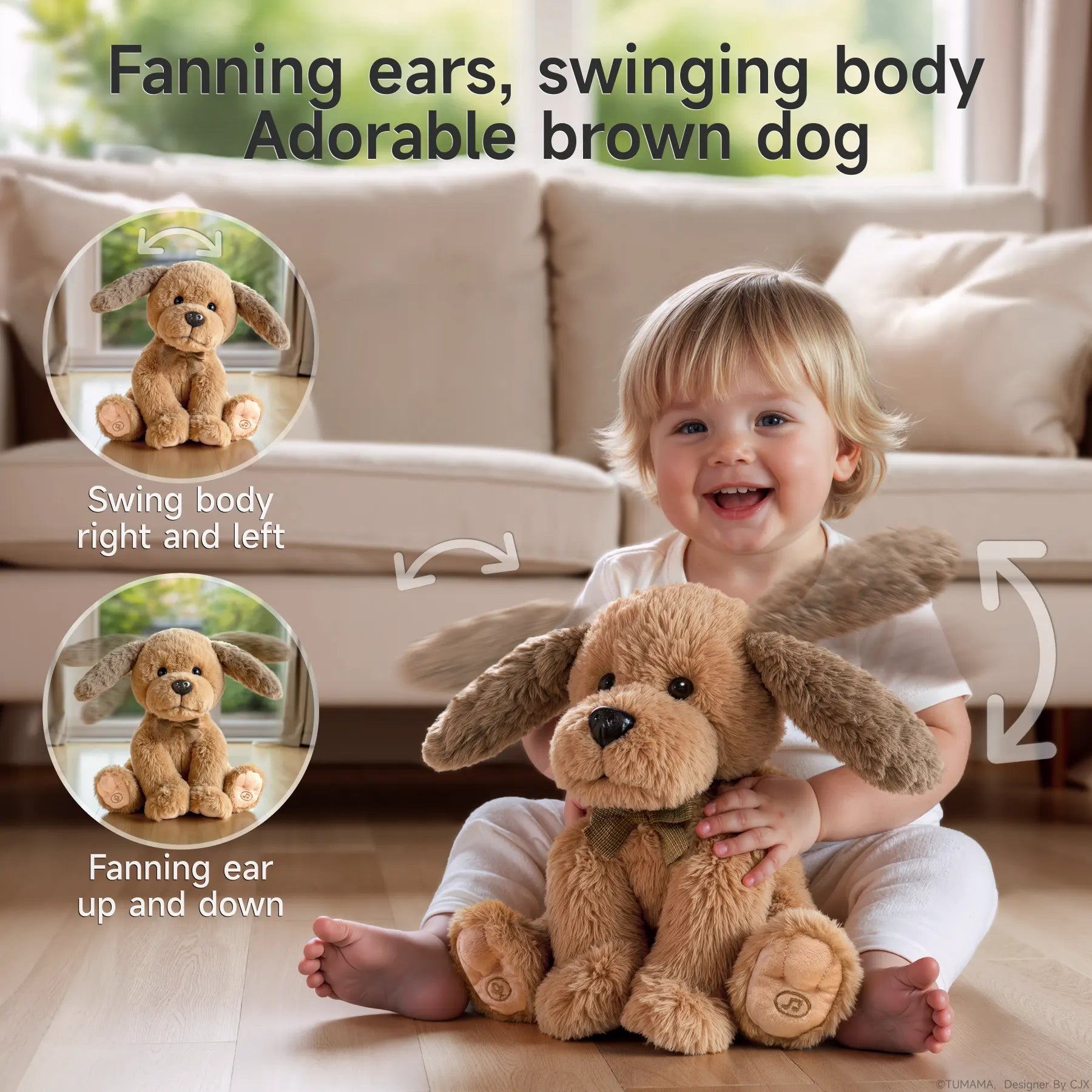 A smiling toddler sits on the floor in a living room, holding a brown interactive plush puppy toy with floppy ears. The toy's ears are shown moving up and down, and its body can swing side to side, as indicated by arrows.
