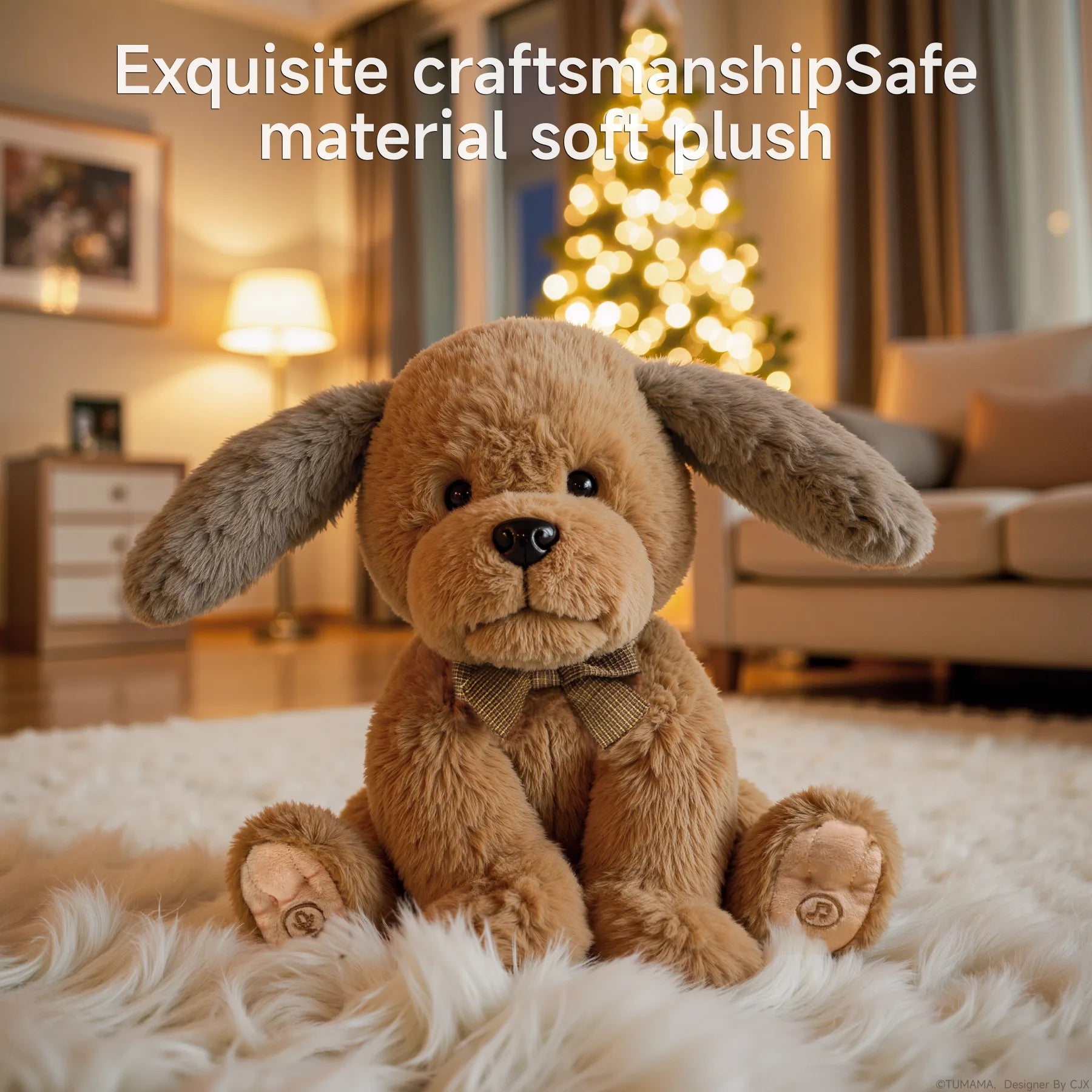 A soft brown plush puppy stuffed animal toy with floppy ears and a bow tie sits on a fluffy white rug in a cozy, warmly lit living room.