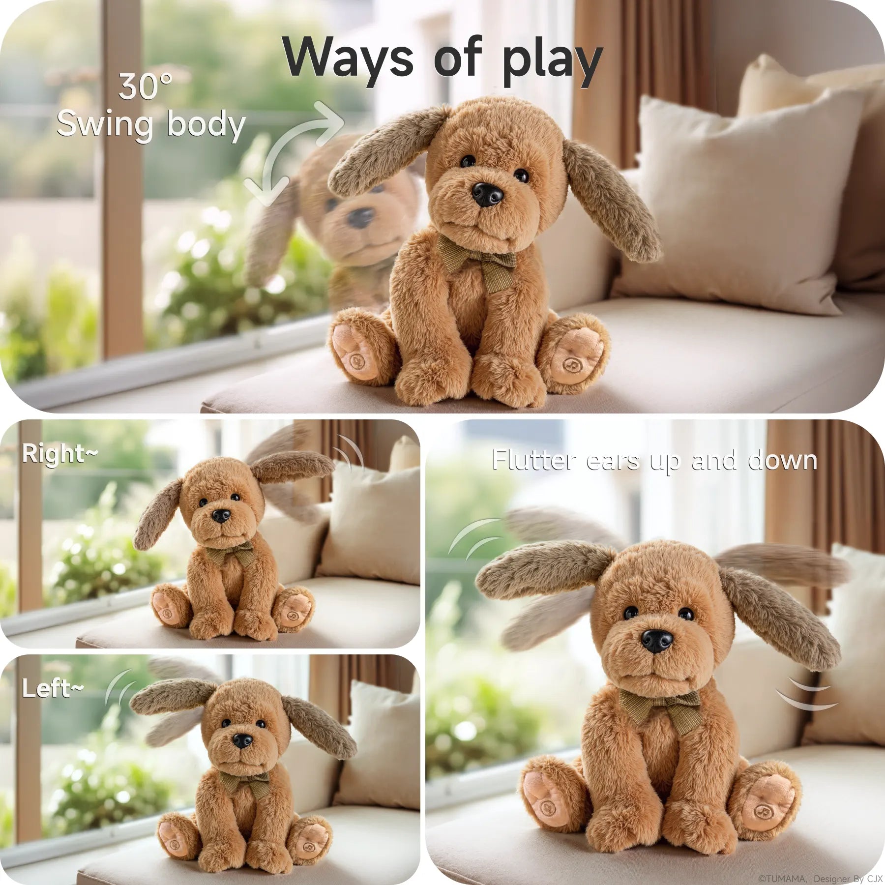 A collage showing different ways to play with a brown interactive plush puppy toy with floppy ears and a bow tie, sitting on a sofa.
