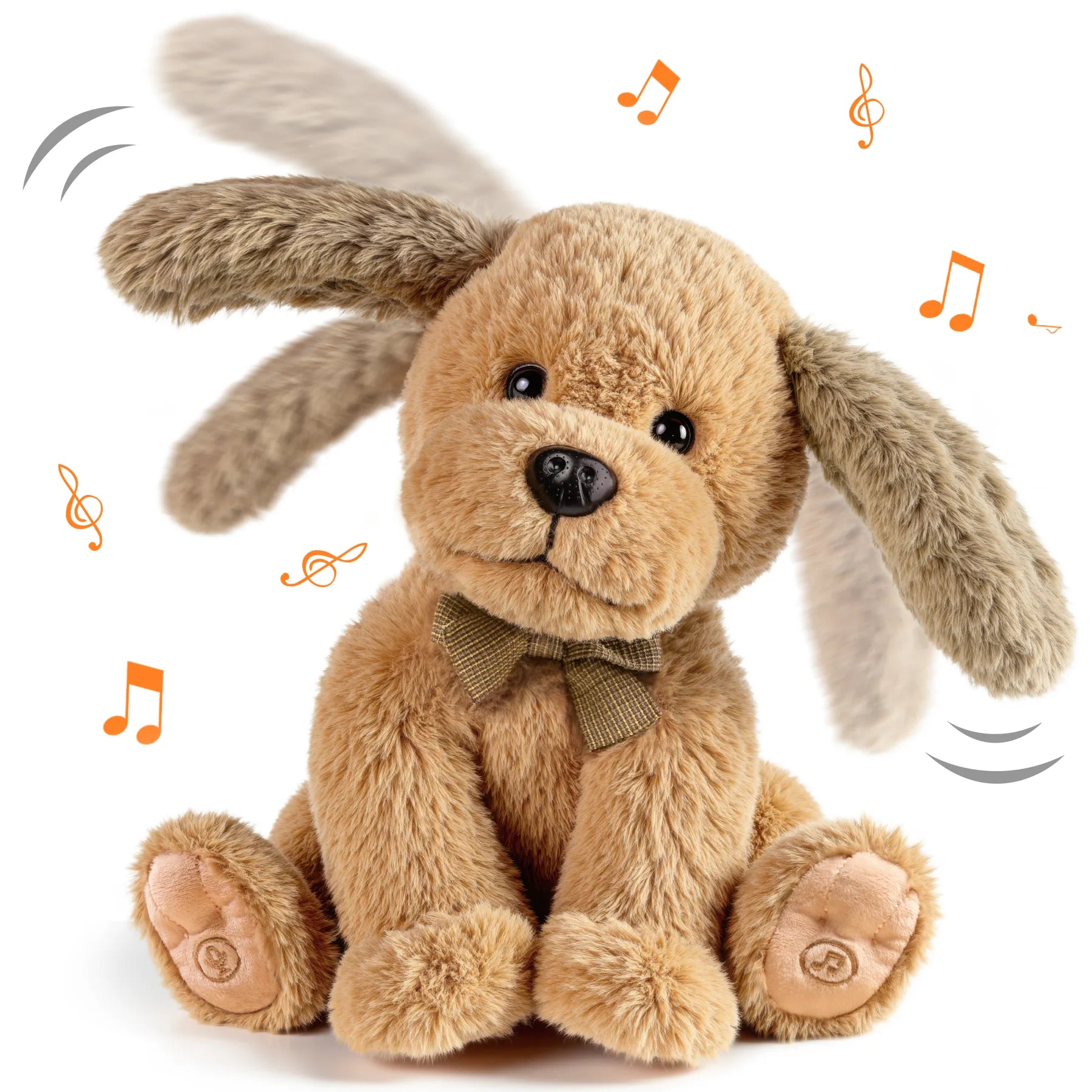A brown plush puppy stuffed animal toy with floppy ears and a bow tie sits against. The toy's ears are shown moving, and orange musical notes are scattered around, indicating it can play sing.