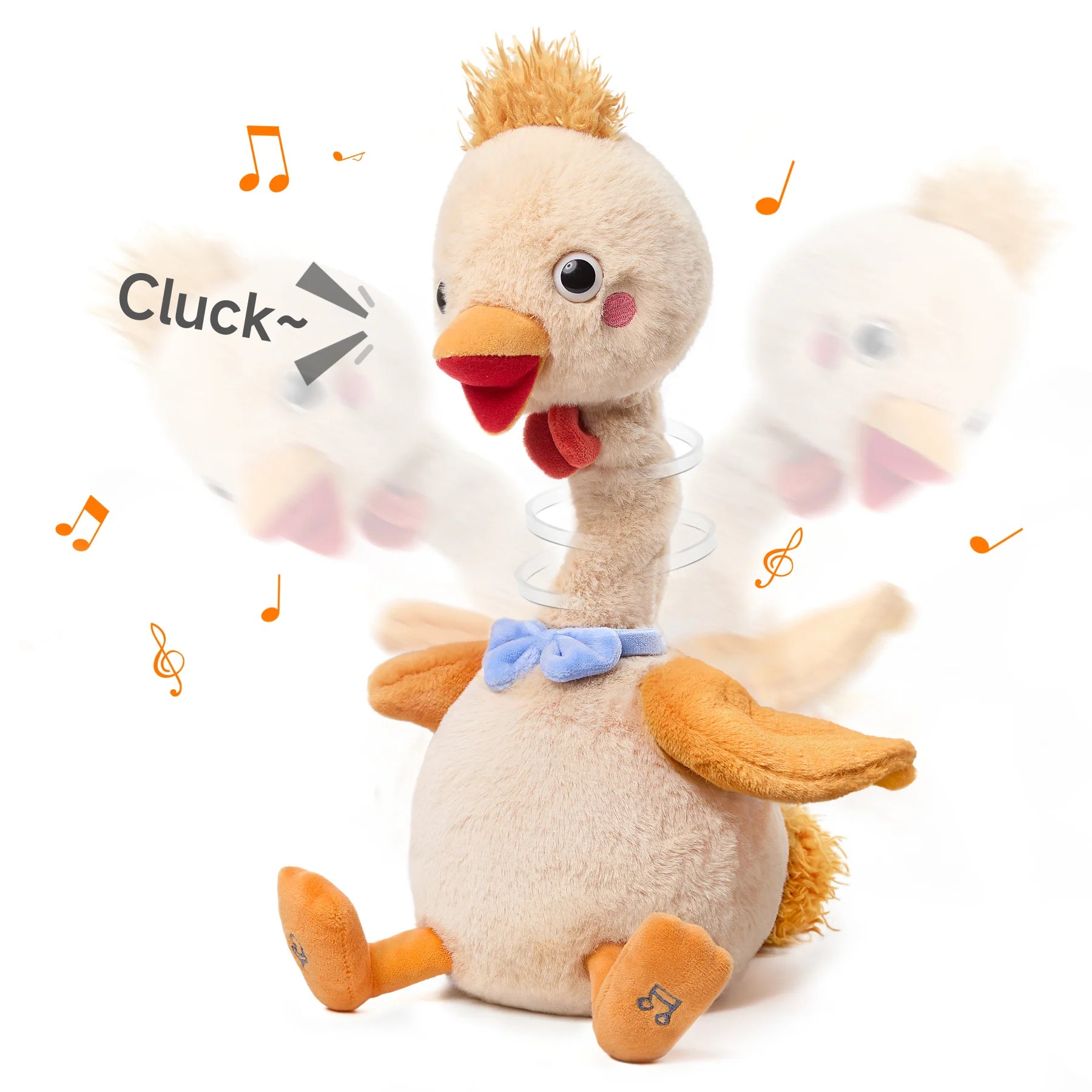 A dancing plush duck with a springy neck, wearing a blue bowtie. The duck is clucking and surrounded by musical notes, showcasing its interactive and musical features.