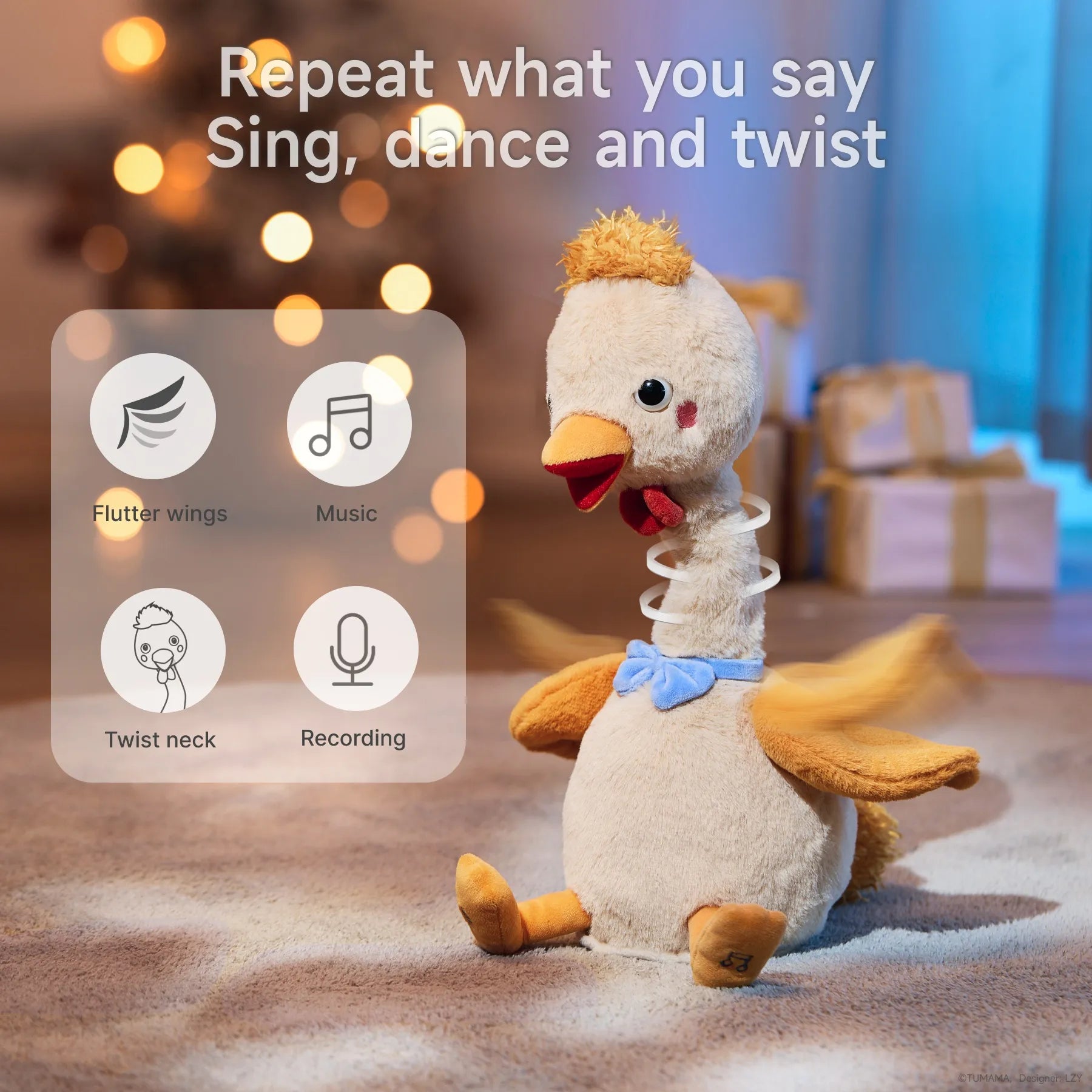 A playful interactive plush duck with fluttering wings and a springy neck. The duck can sing, dance, and repeat words, surrounded by icons representing its features like music, recording, and movement. Ideal for fun and interactive play.