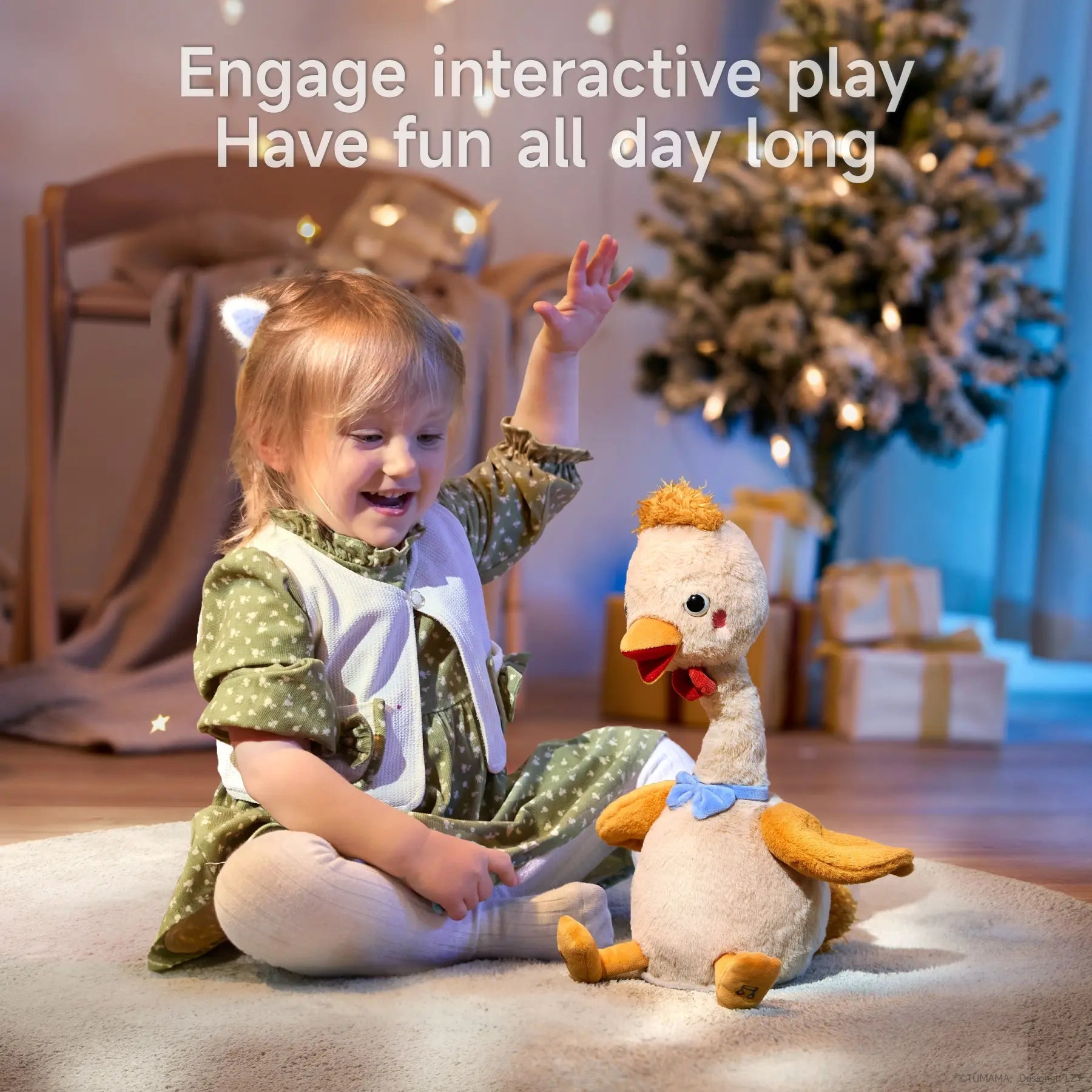 A happy child playing with an interactive plush duck that dances, sings, and repeats words. The duck flutters its wings and twists its neck, creating an engaging and fun experience. Perfect for imaginative play.