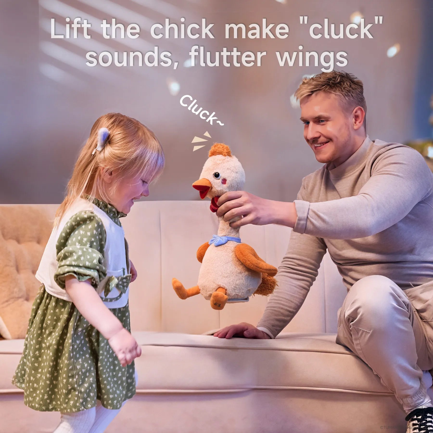 A happy child playing with an interactive plush duck that dances, sings, and repeats words. The duck flutters its wings and twists its neck, creating an engaging and fun experience. Perfect for imaginative play.