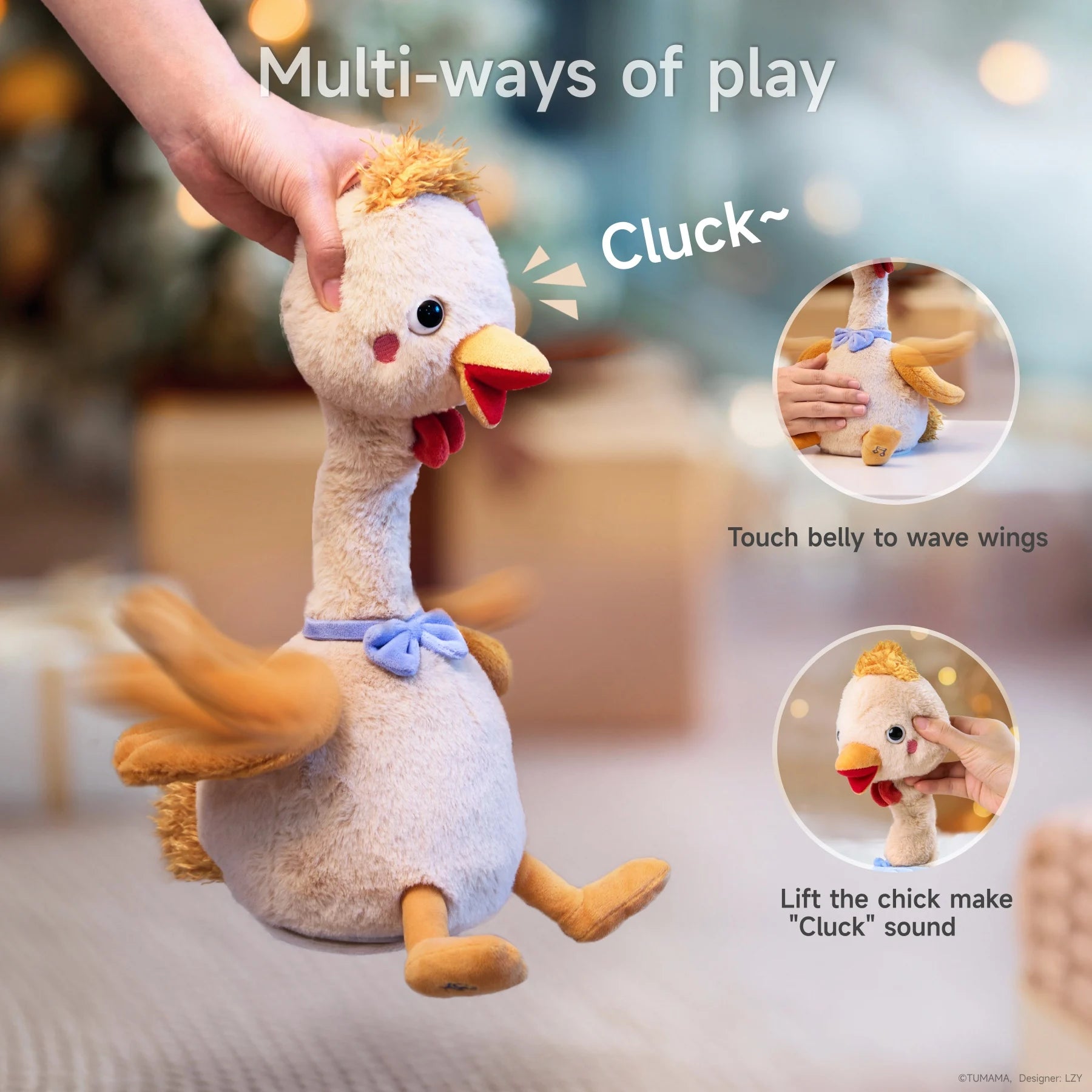 An interactive plush duck being lifted to produce a