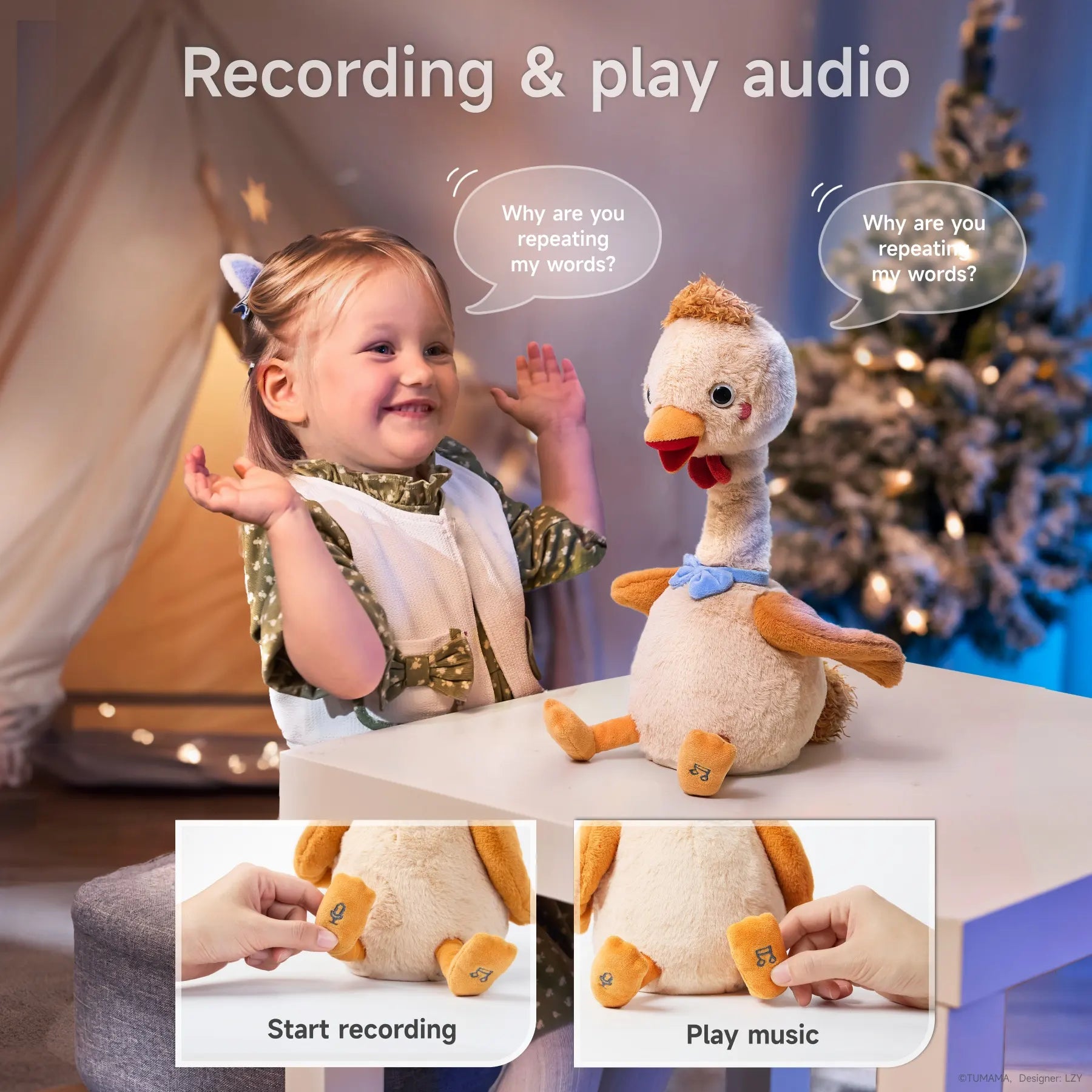 A child laughing as an interactive plush duck repeats her words. The insets highlight the duck's recording and music playback buttons, showcasing its fun and engaging features. Perfect for interactive playtime.