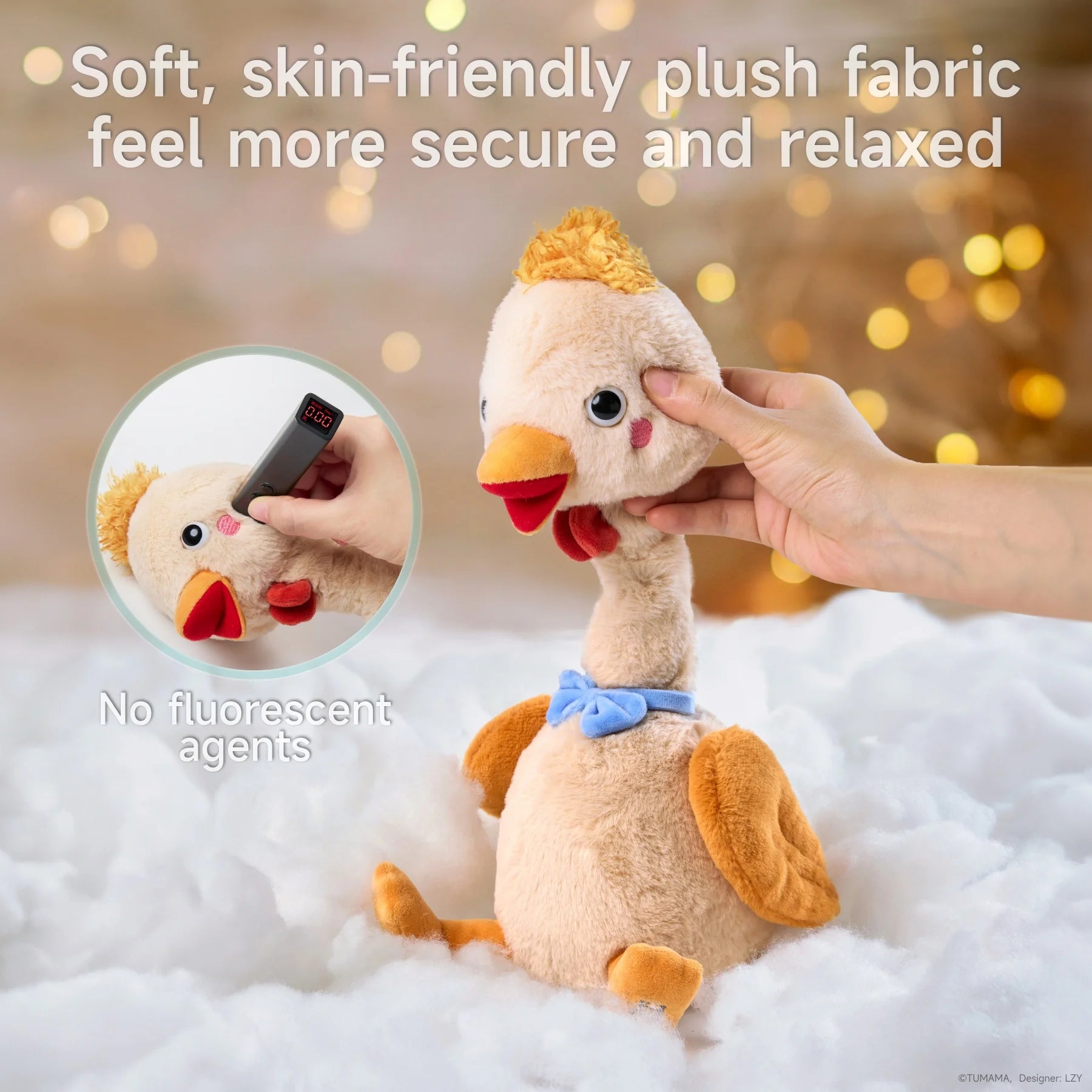 A soft plush duck being gently held, highlighting its safe and skin-friendly fabric. An inset image shows a fluorescent agent detector confirming its safety, ensuring a secure and worry-free playtime for kids.