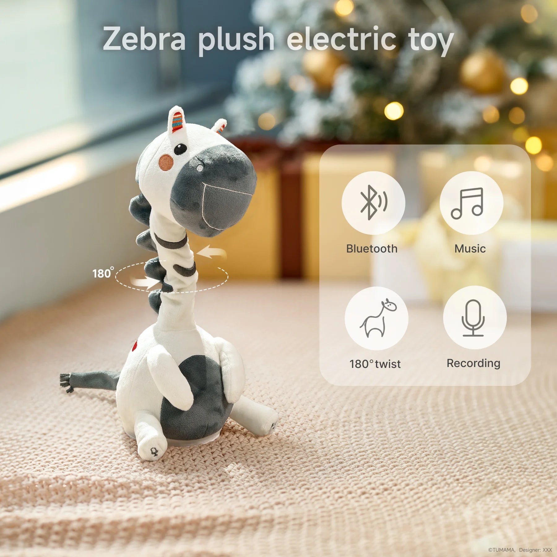 A zebra plush electric toy with glowing icons showing its features: Bluetooth connectivity, music playback, 180° neck twist, and voice recording. The toy sits on a cozy surface with a festive backdrop, showcasing its modern design and playful functionality.