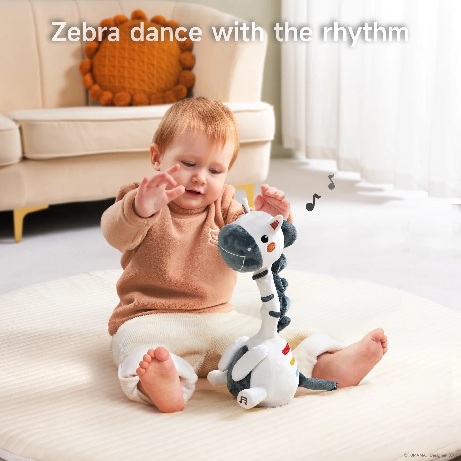 A baby sitting on a soft mat, joyfully interacting with a dancing zebra plush toy. The zebra moves rhythmically to music, inspiring the baby to raise their hands and dance along in a cozy living room setting.