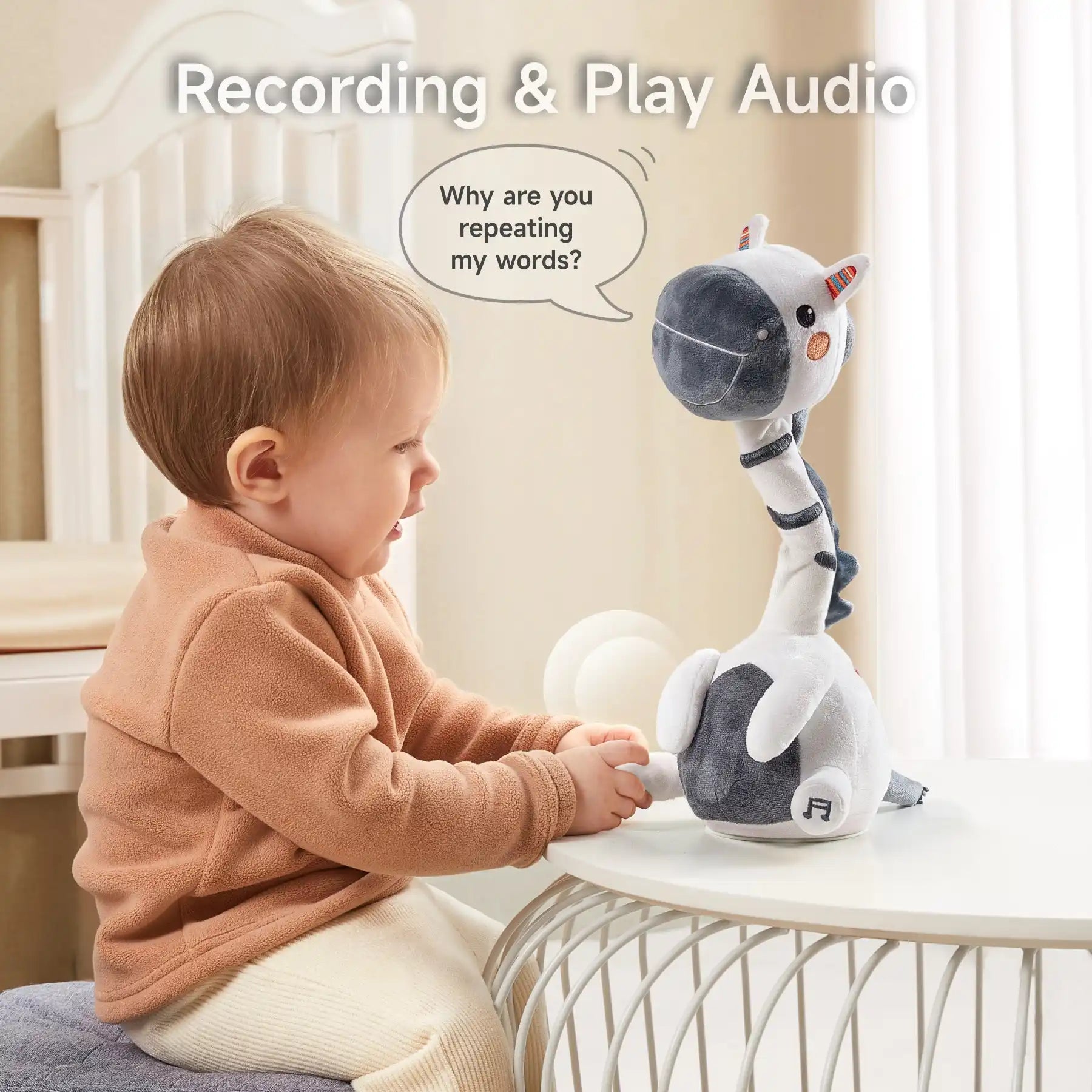 A baby interacting with a talking zebra plush toy on a table. The zebra repeats the baby’s words, as shown by a speech bubble, creating a fun and engaging learning experience in a cozy nursery setting.