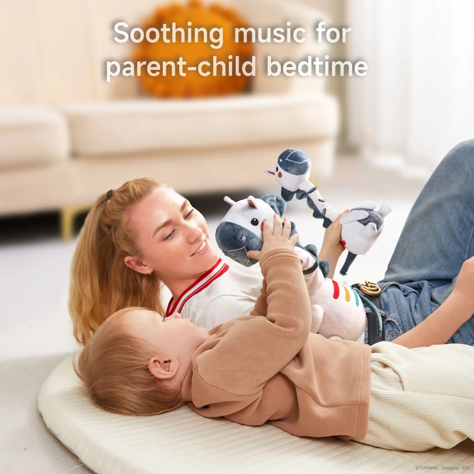 A parent and baby lying on a soft mat, smiling and playing with a soothing musical zebra plush toy. The zebra adds a calming ambiance with its gentle music, creating a warm and joyful parent-child bonding moment.