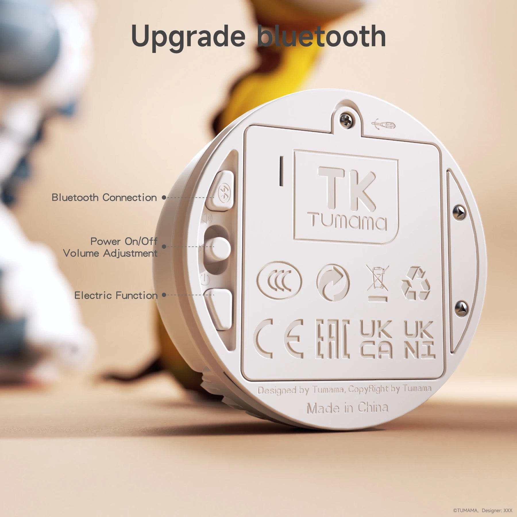 A close-up view of the control panel on the Zebra Plush Toy, showcasing labeled buttons for Bluetooth connectivity, volume adjustment, and power control. The design highlights its user-friendly functionality and modern technology.