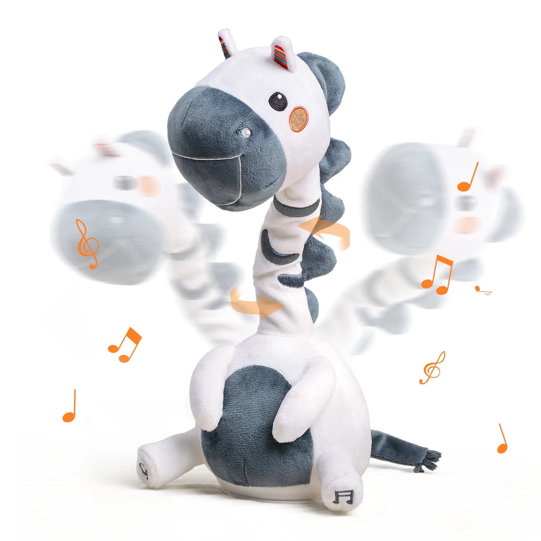 An interactive zebra plush toy with a moving neck and musical notes surrounding it, showcasing its dancing and music-playing features. The zebra's playful motion and cheerful design make it a delightful toy for children.