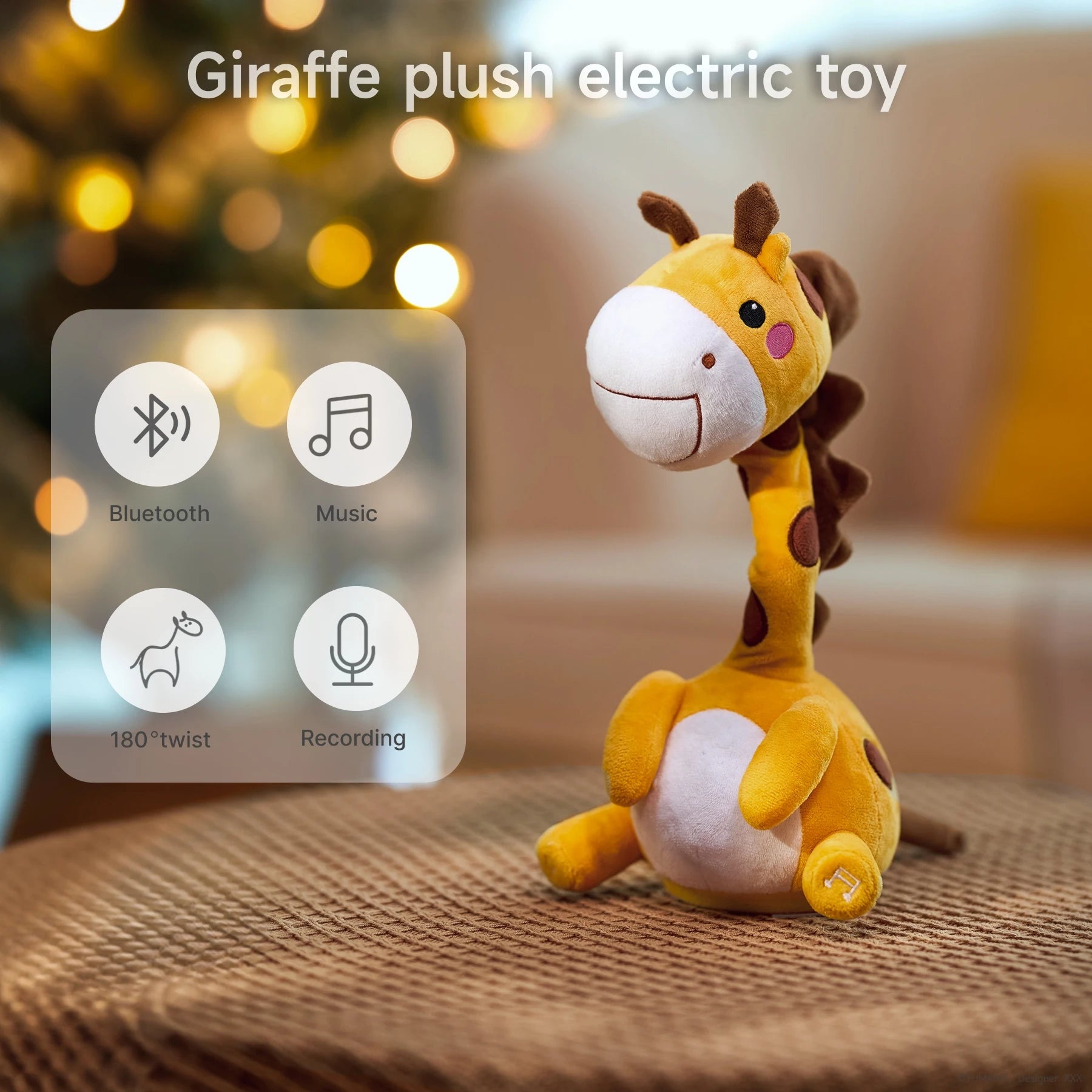 A yellow giraffe plush electric toy with icons showcasing its features: Bluetooth connectivity, music playback, 180° twisting neck, and recording. The toy sits on a table with a cozy, festive background, highlighting its engaging and interactive design.