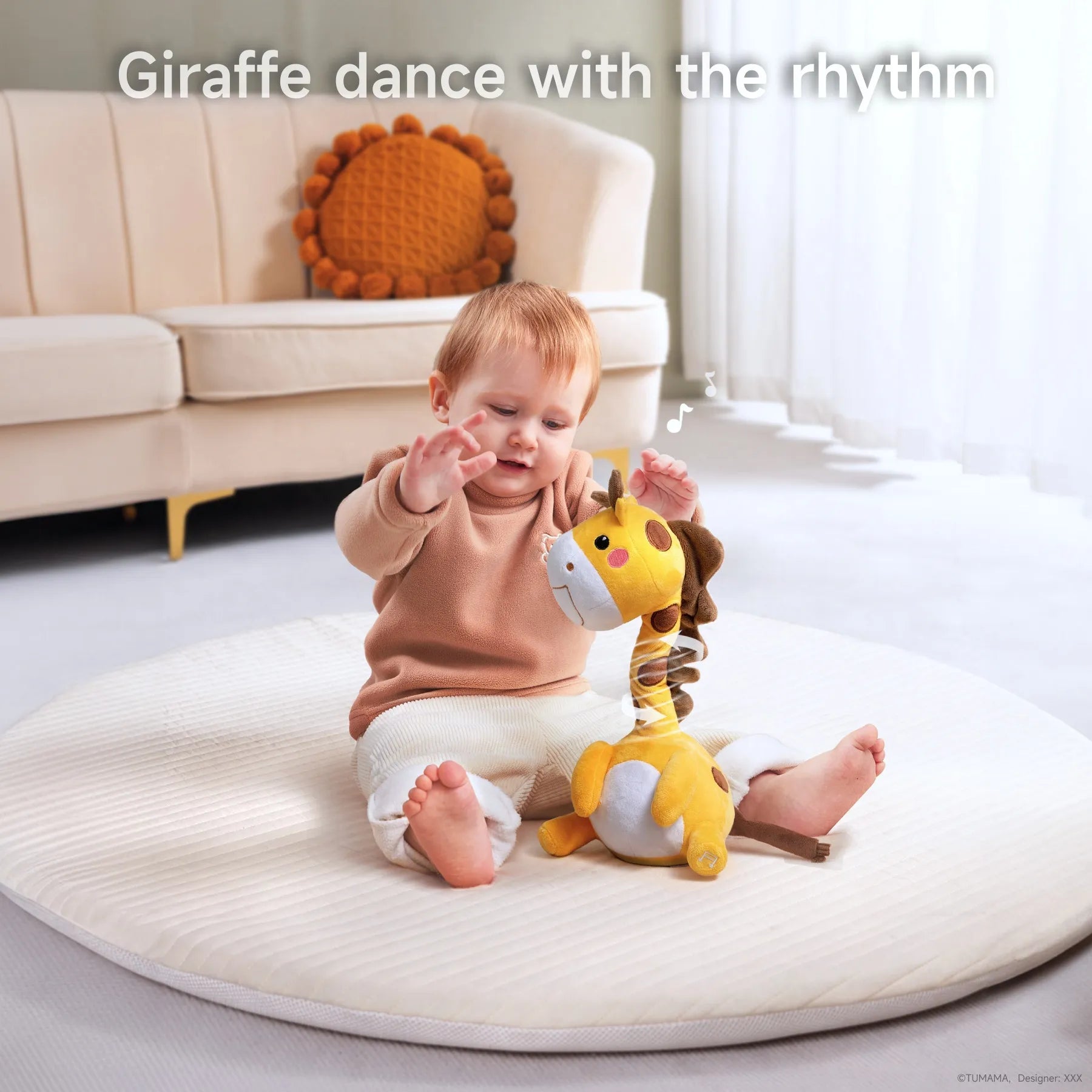 A baby sitting on a soft mat, joyfully interacting with a yellow giraffe plush toy. The giraffe is dancing to cheerful music, inspiring the baby to raise their hands and dance along in a cozy living room setting.