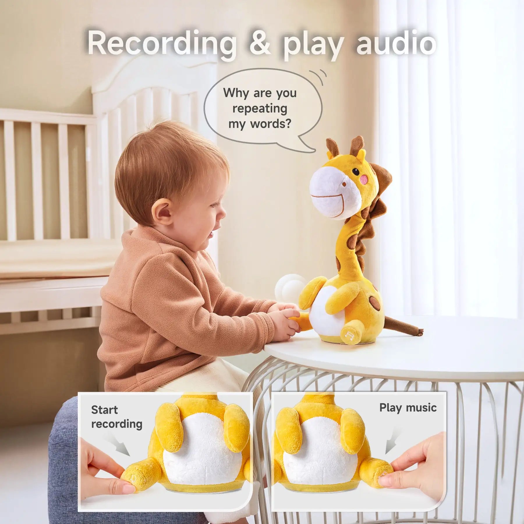 A baby interacting with a yellow giraffe plush toy that repeats their words. The toy is on a table with a speech bubble saying,