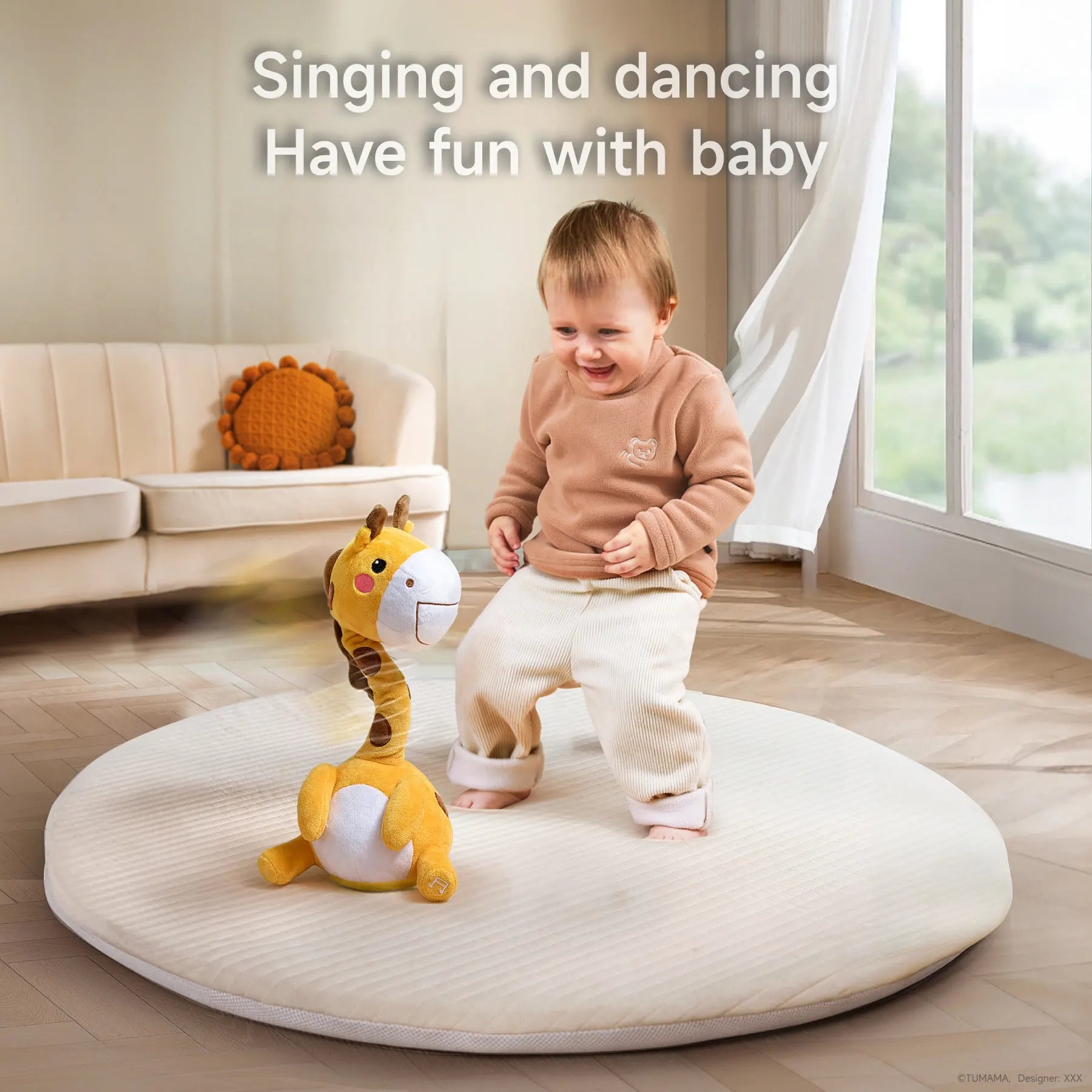 A baby joyfully dancing along with a yellow giraffe plush toy that’s singing and moving on a soft mat in a bright and cheerful living room. The giraffe’s dynamic movements and tunes make playtime exciting and interactive.