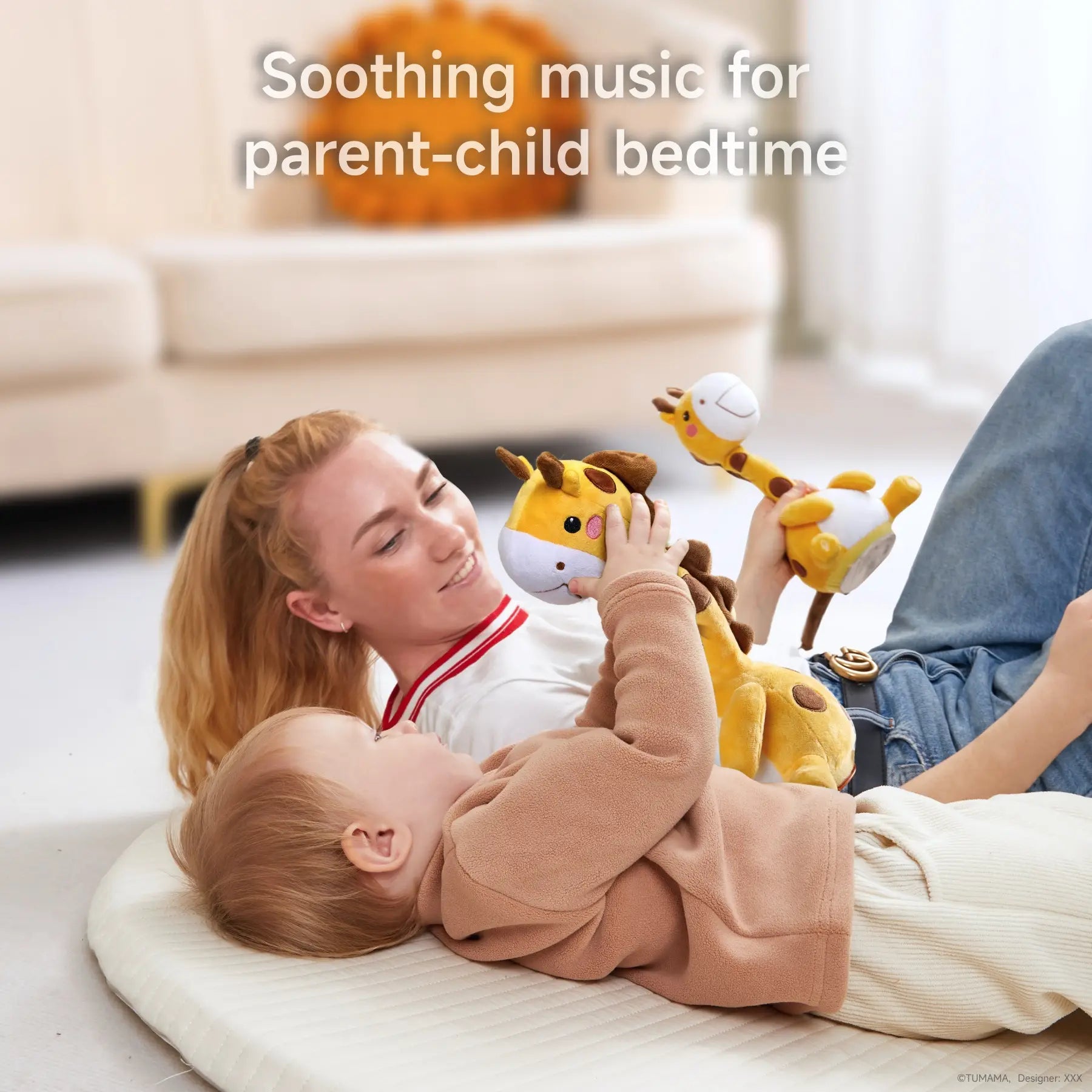 A parent and child lying on a soft mat, enjoying their time together with a yellow giraffe plush toy. The giraffe plays soothing music, creating a calm and loving bedtime atmosphere in a cozy living room setting.