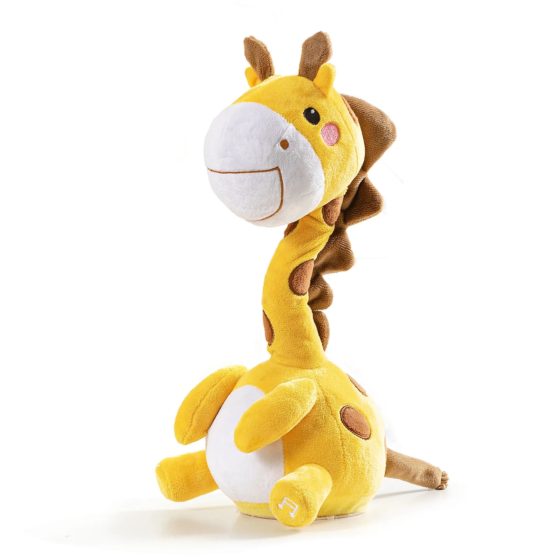 A bright yellow giraffe plush toy with a long, twisted neck, adorable facial details, and soft material, standing upright on a white background. Perfect for kids’ cuddles and playtime fun.