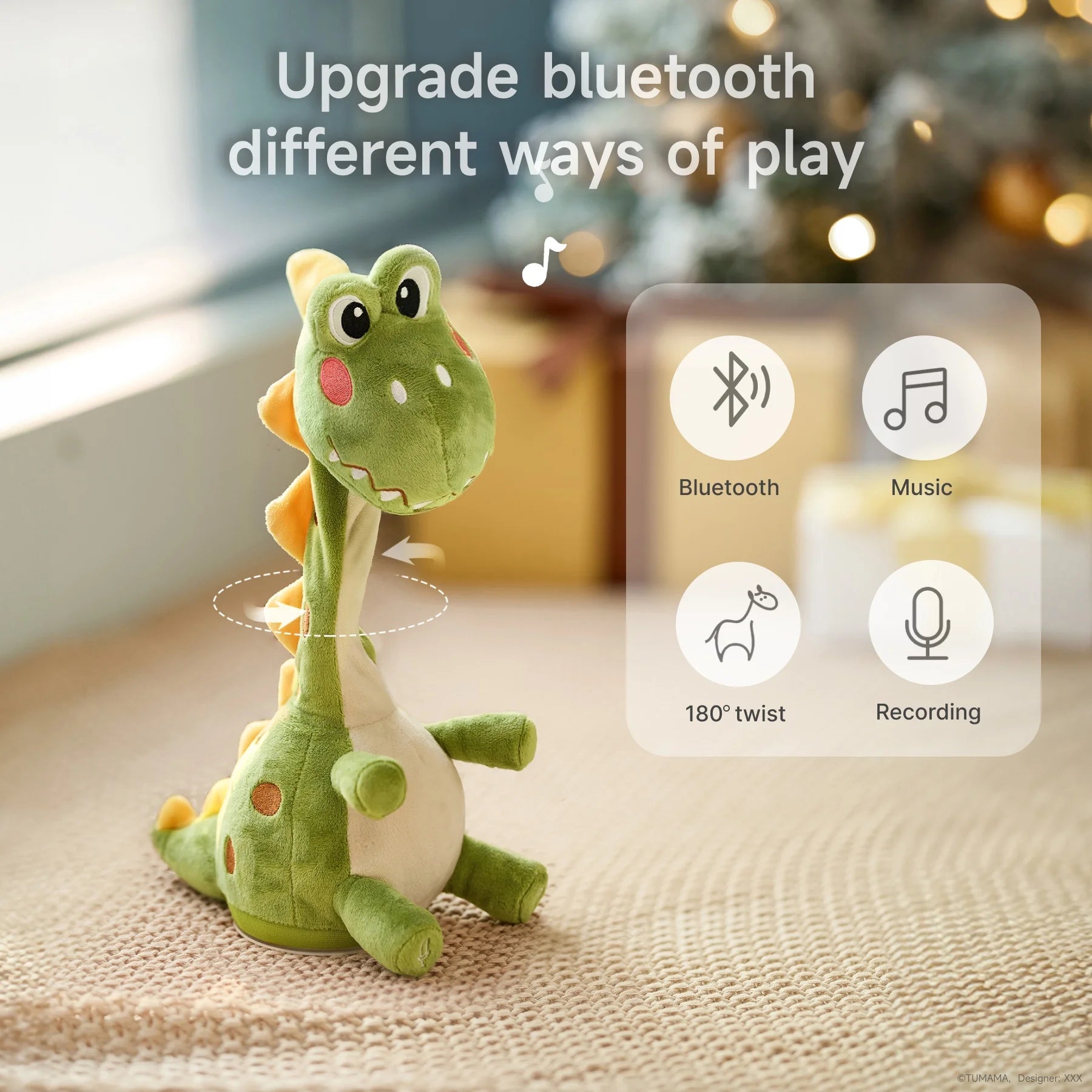 A green plush dinosaur toy with rosy cheeks and a playful smile stands on a textured surface. The toy is Bluetooth-enabled, allowing music playback, 180° twisting movements, and voice recording, making it a versatile and fun companion for kids.