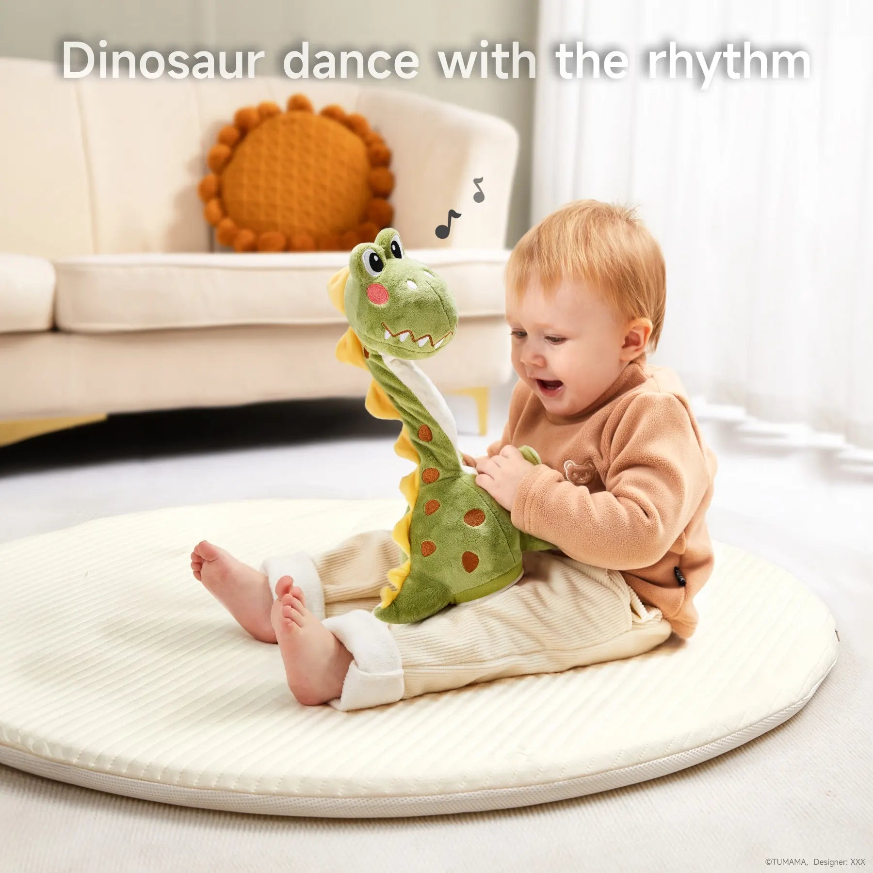 A happy toddler sitting on a round mat, holding a green dancing dinosaur toy. The dinosaur features playful orange spots, rosy cheeks, and a cheerful expression as it moves to the rhythm, creating a delightful and interactive playtime scene.