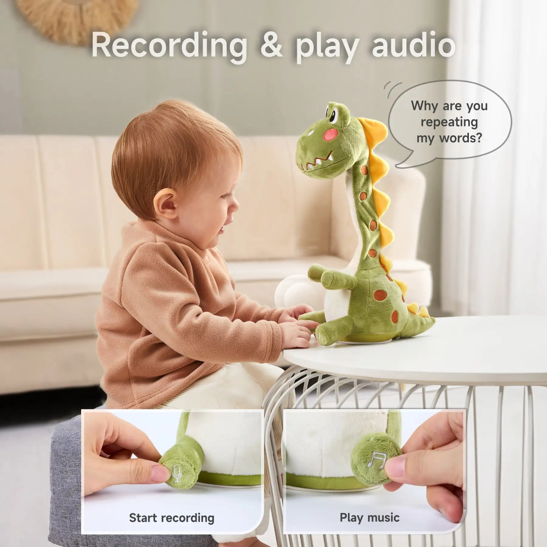 A toddler sitting at a table, interacting with a green recording dinosaur toy. The toy features a speech bubble saying,