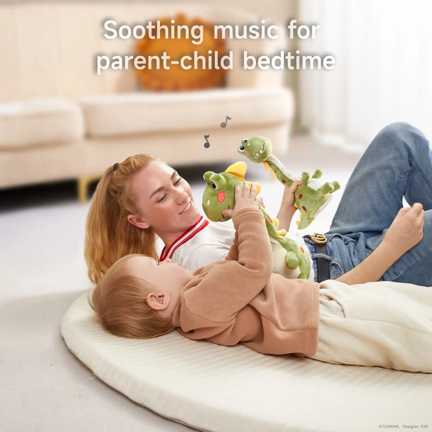 A mother and her child lying on a soft mat while playing with a green dinosaur toy. The dinosaur emits soothing music, creating a calming and joyful bonding moment between parent and child. The cozy scene highlights the toy's comforting features.