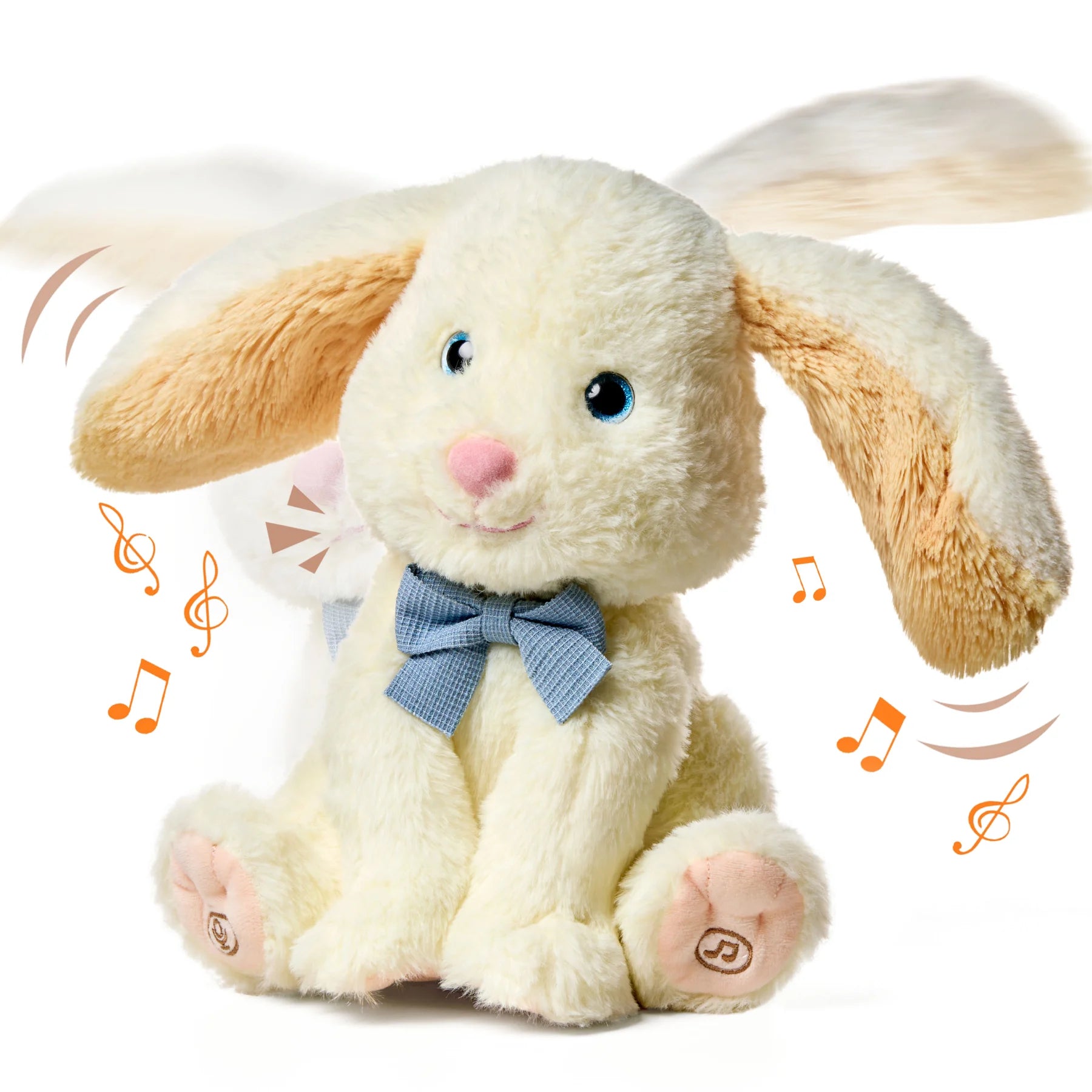 A soft plush bunny with floppy ears, wearing a blue bowtie, featuring music notes and sound wave graphics to illustrate its singing and dancing capabilities. Perfect for engaging and comforting children.