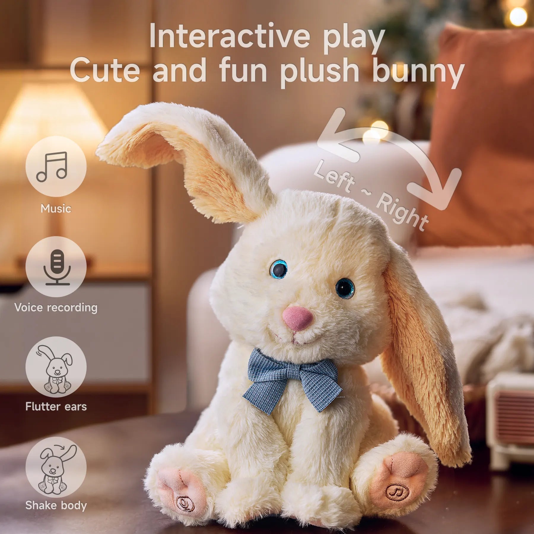 A fluffy plush bunny with a blue bowtie, sitting on a table. Visual indicators show its features like music, voice recording, fluttering ears, and body shaking, making it a fun interactive toy for kids.
