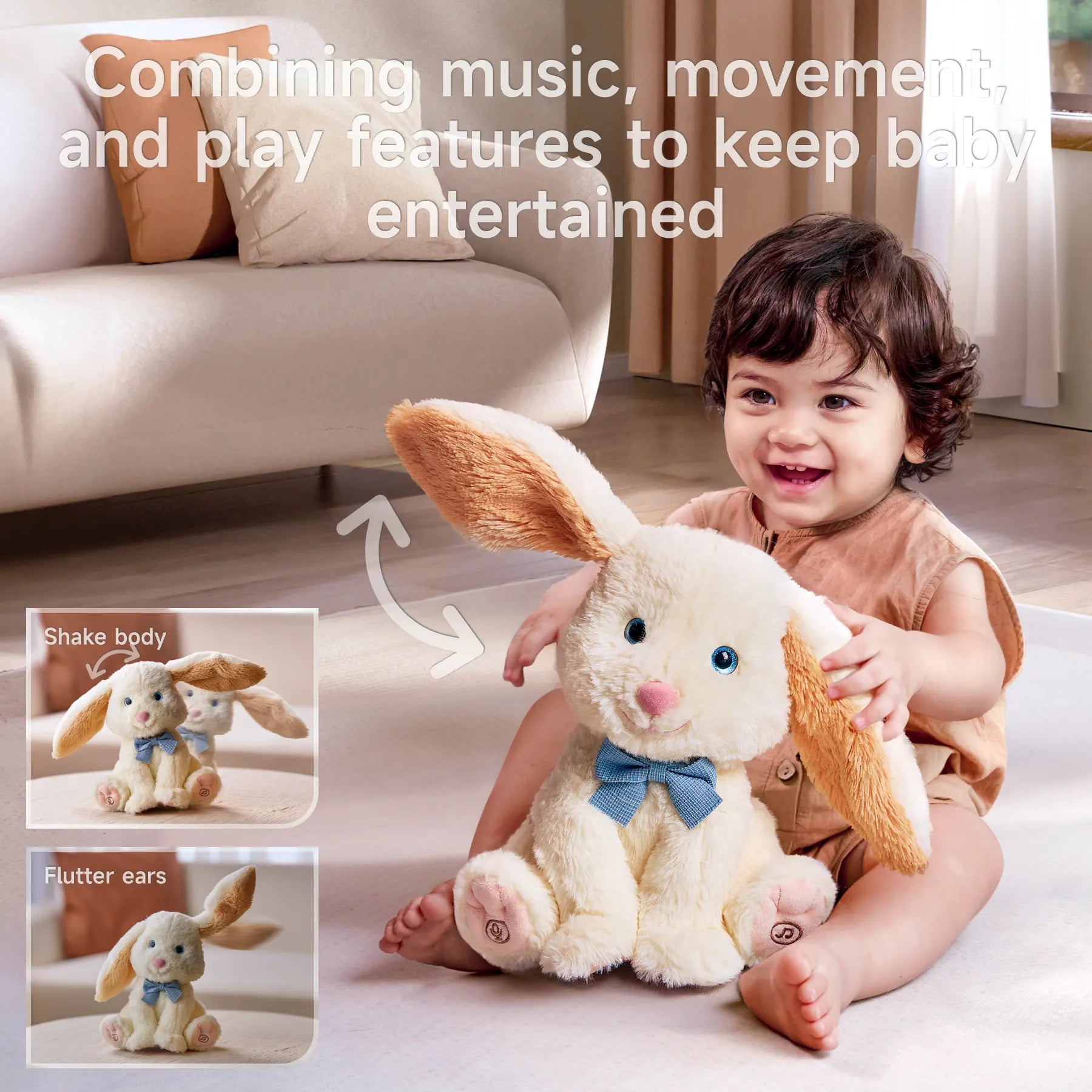 A happy baby sitting on the floor, playing with an interactive plush bunny. The bunny features playful ear movements and body shaking, combining music and motion to engage and entertain.