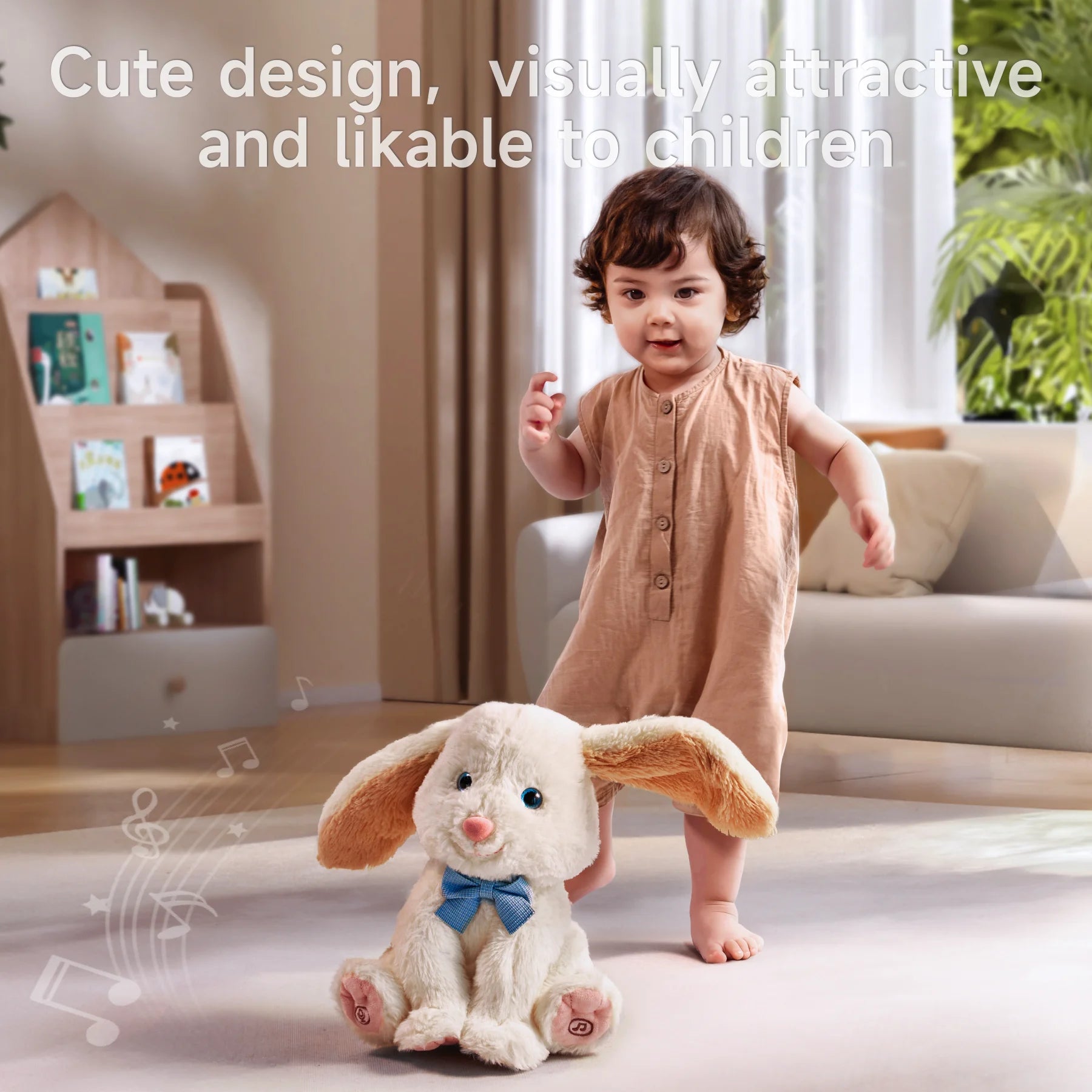 A toddler walking toward a cute plush bunny with floppy ears, wearing a blue bowtie. The bunny is visually appealing and features musical notes, showcasing its interactive and engaging play capabilities.