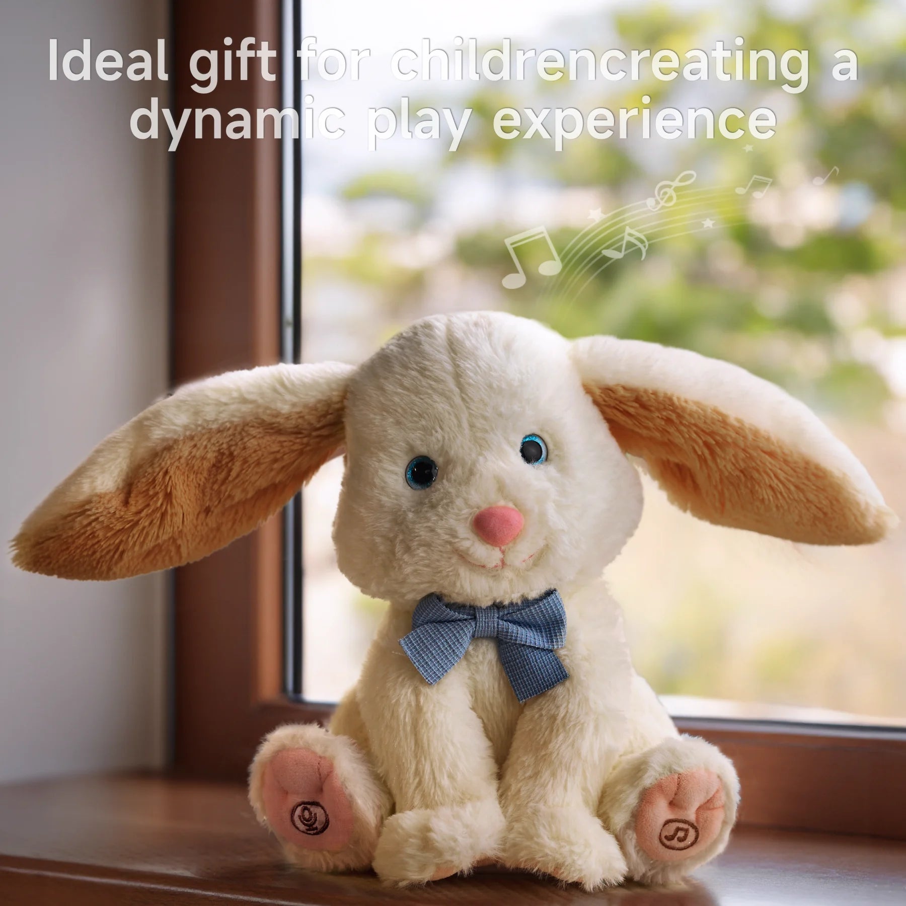 A electric plush bunny with floppy ears and a blue bowtie sitting by a window, surrounded by musical notes, showcasing its interactive and playful features, making it an ideal gift for children.