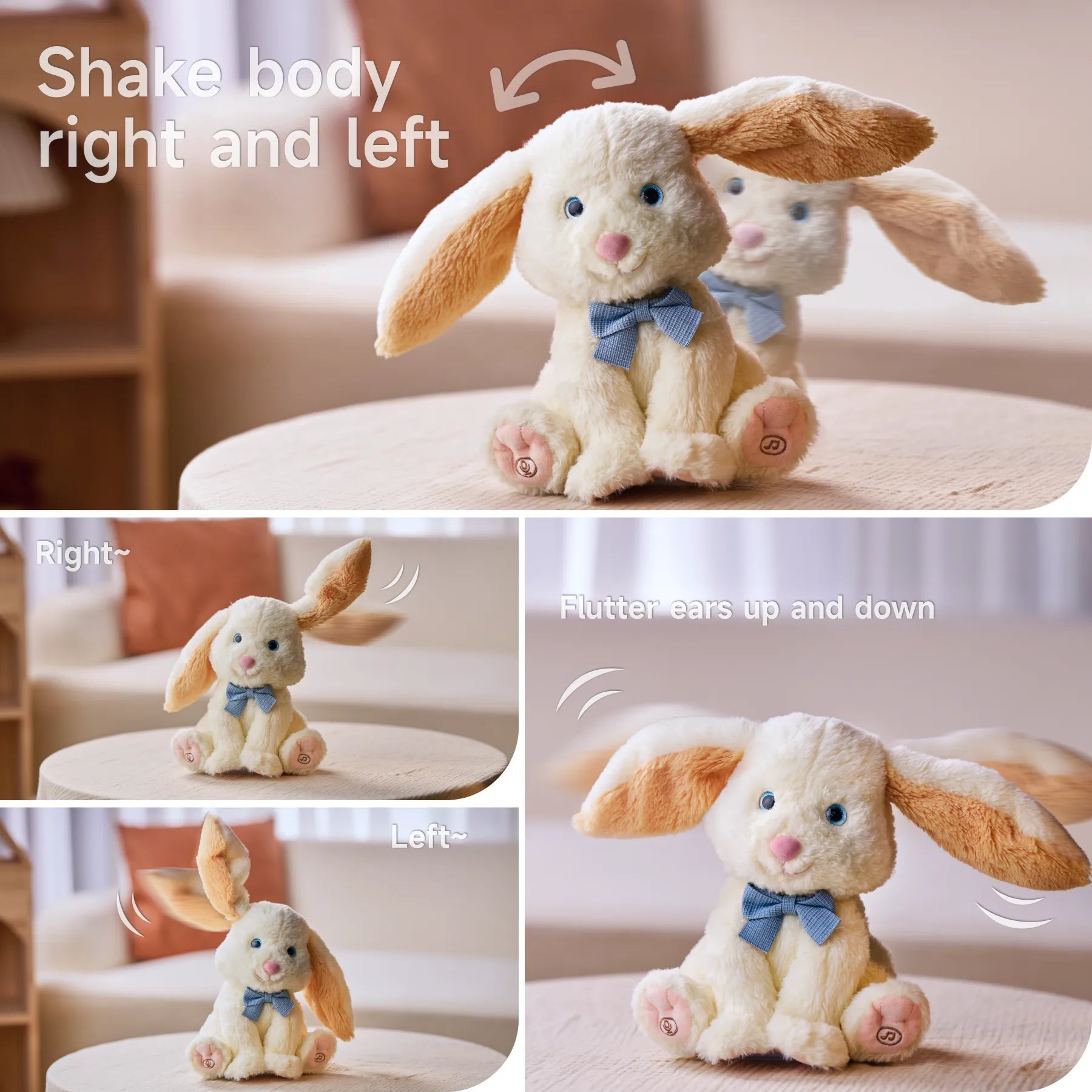 An interactive plush bunny with floppy ears and a blue bowtie, shaking its body side to side and fluttering its ears up and down. The playful movements make it a fun and engaging toy for kids.