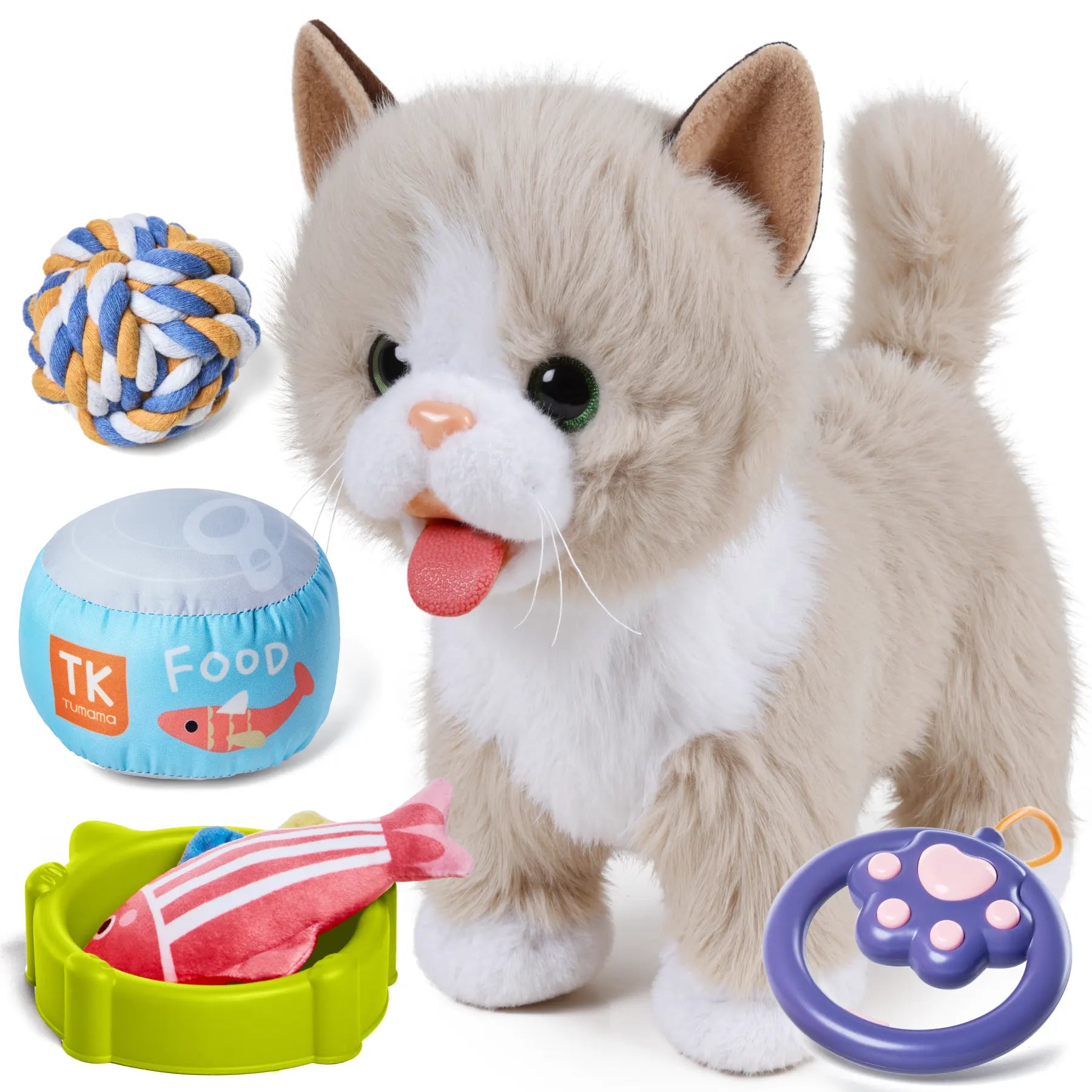 Interactive plush cat toy with accessories, including a paw-shaped leash remote, food bowl, stuffed fish toy, and colorful rope ball, perfect for kids' playtime and pretend pet care.