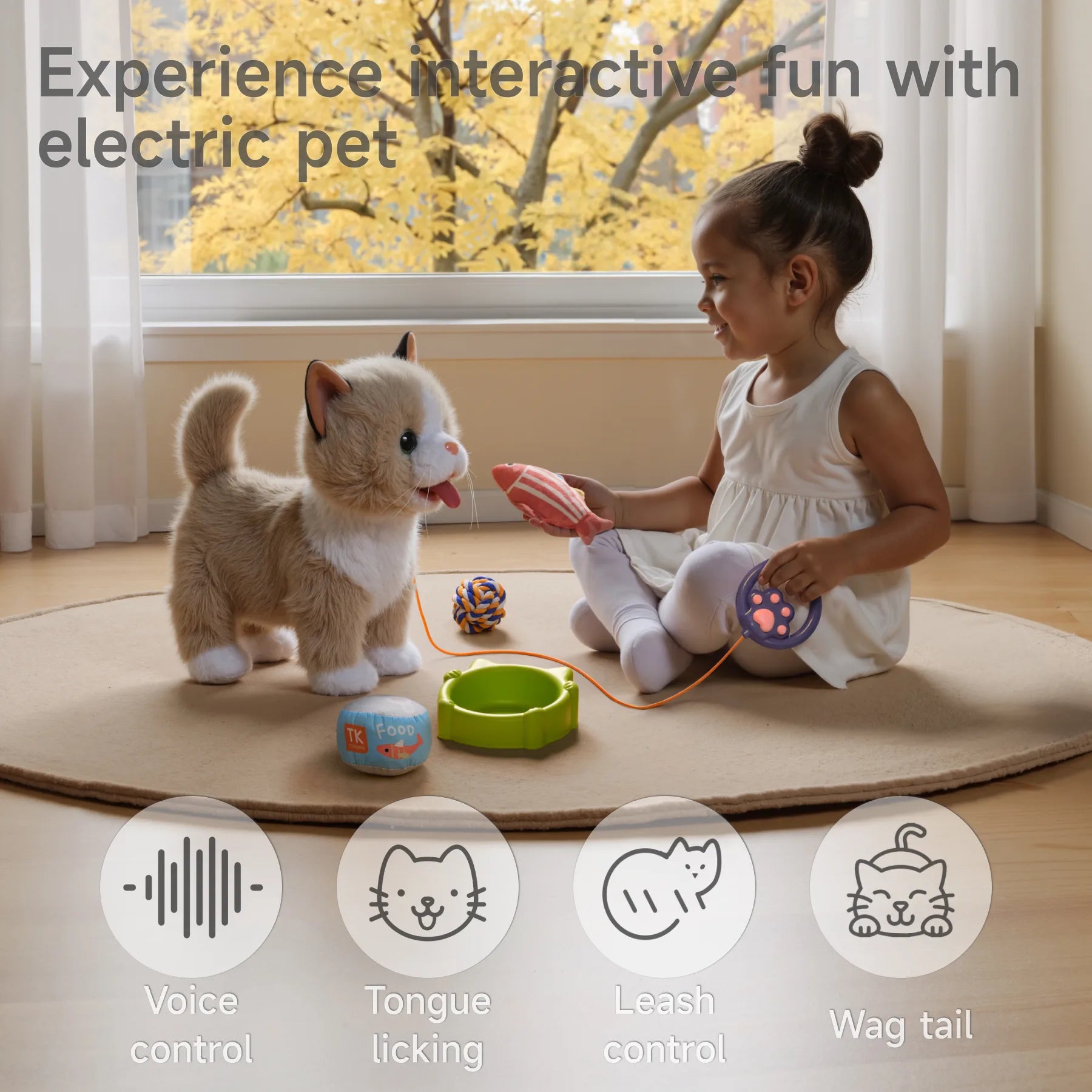 A child playing with an interactive electric plush cat toy, featuring accessories like a leash remote, food bowl, fish toy, and rope ball. Icons highlight features such as voice control, leash control, tail wagging, and tongue licking.