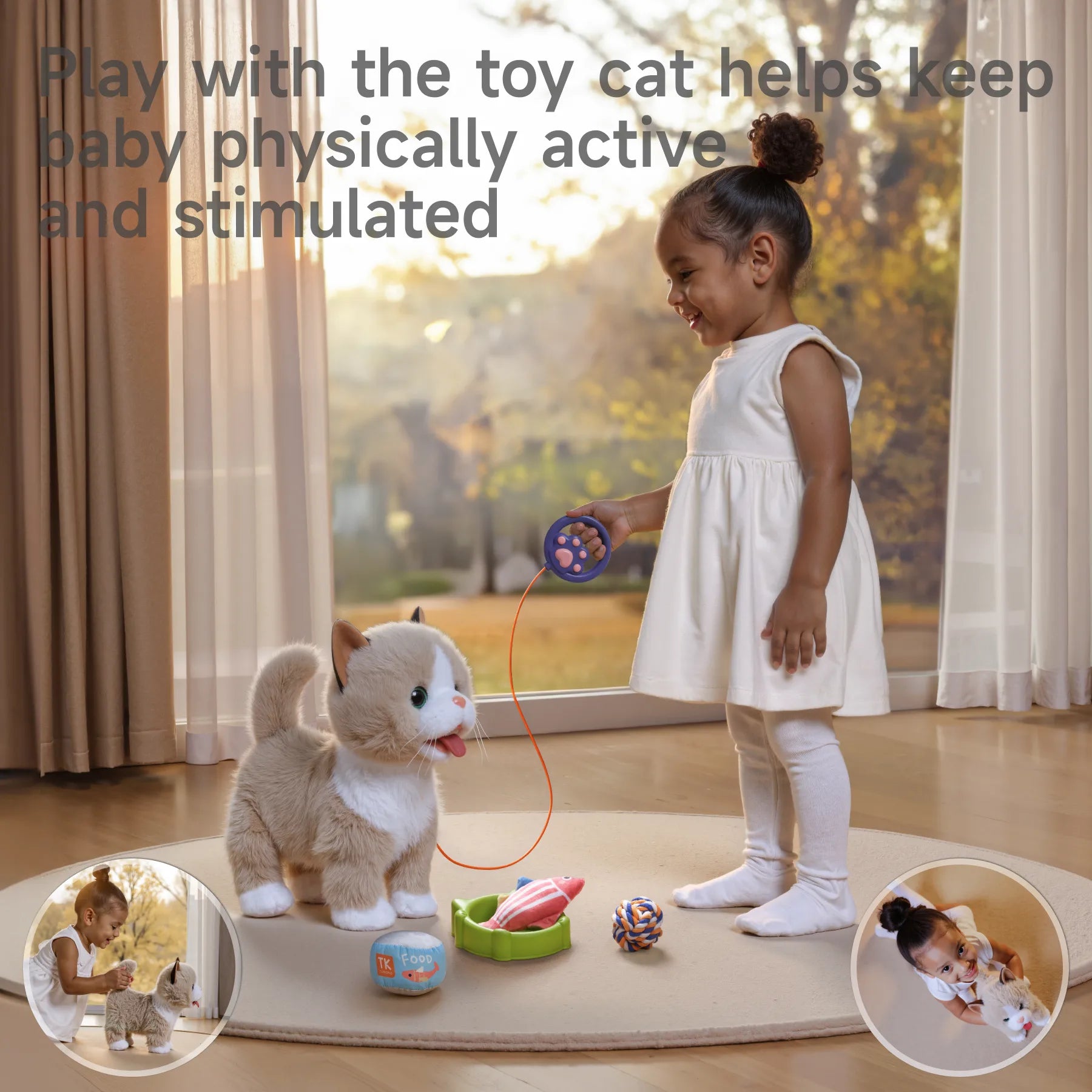 A child playing with an interactive electric cat toy using a leash remote. The set includes a food bowl, fish toy, and rope ball. Insets highlight playful interactions, promoting physical activity and engagement.