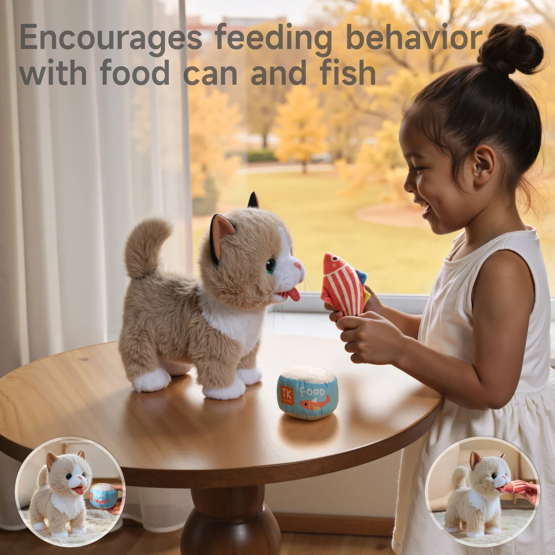 A child feeding an interactive plush cat toy with a stuffed fish, alongside a food can. Insets showcase the toy's lifelike features, including its wagging tail and playful accessories.