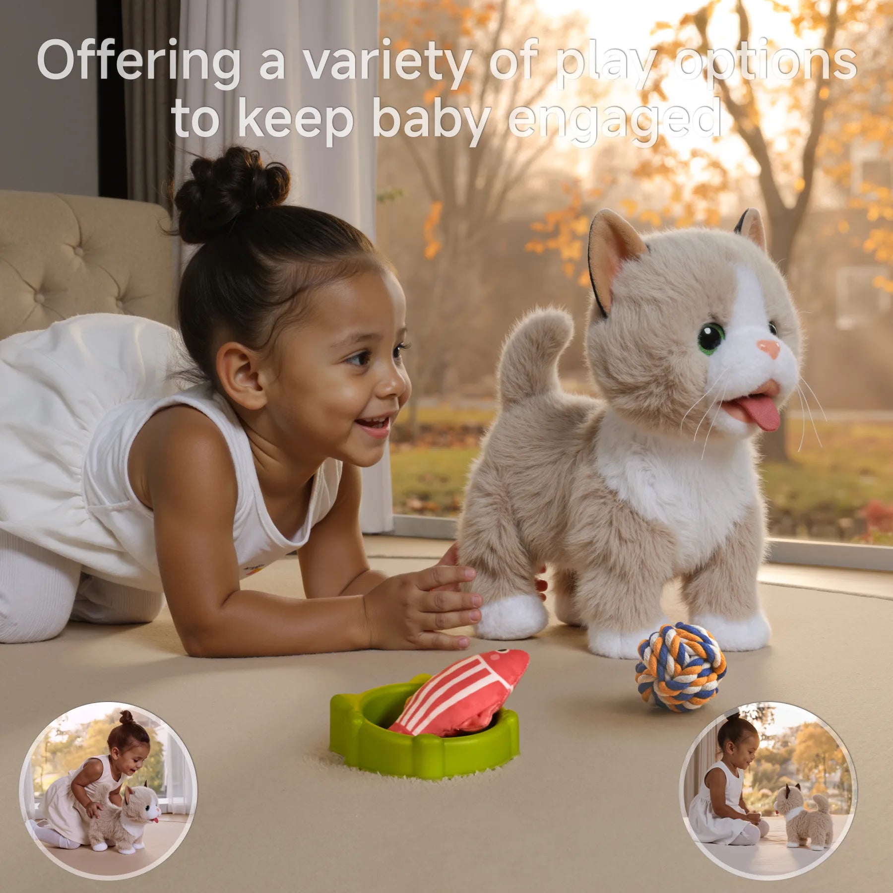A young child playing excitedly with an interactive plush cat toy, alongside accessories like a food bowl, fish toy, and rope ball. Insets highlight nurturing and engaging play moments.